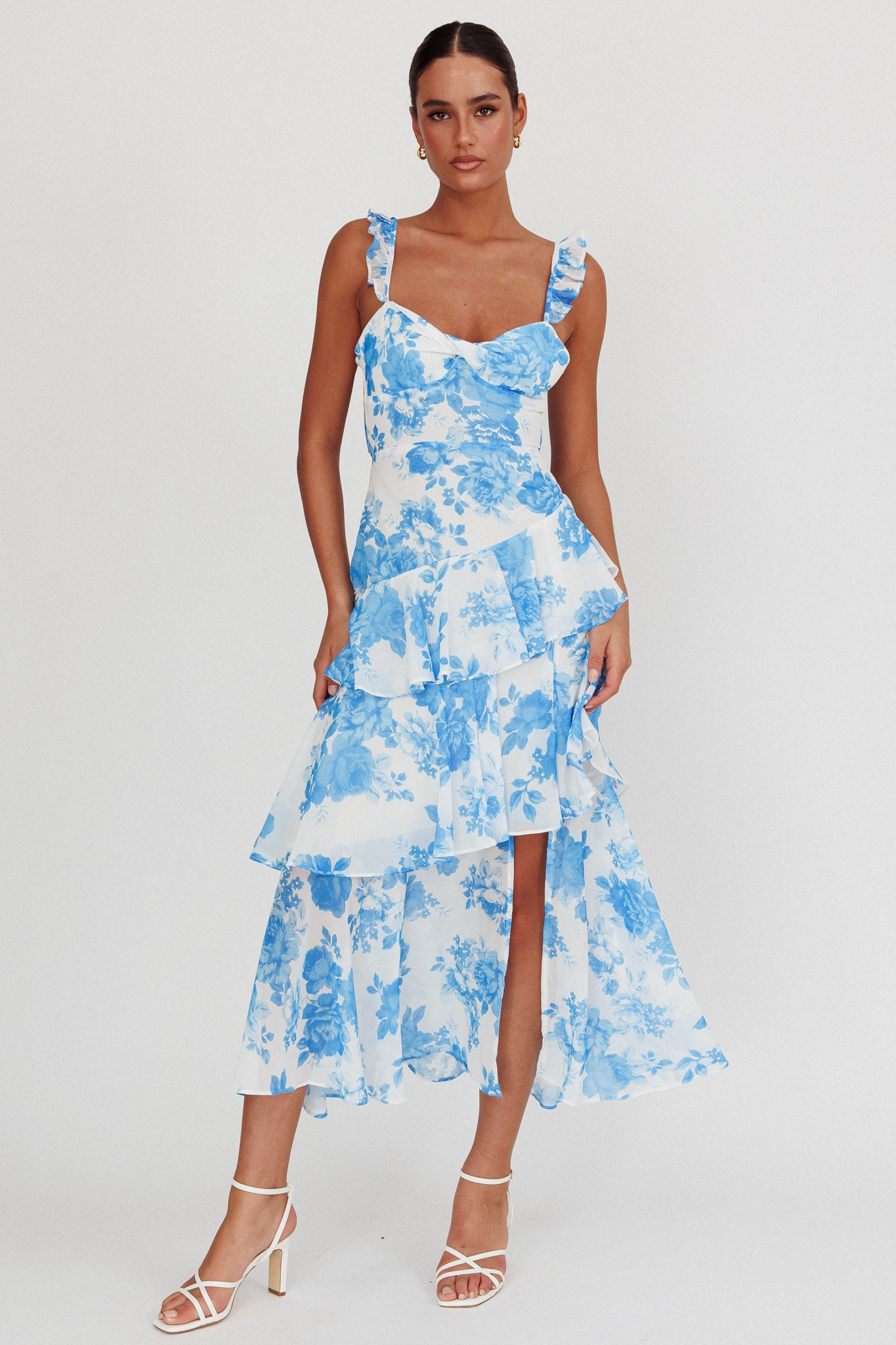 Veda Ruffle Strap Split Maxi Dress Floral White/Blue-Maymioy