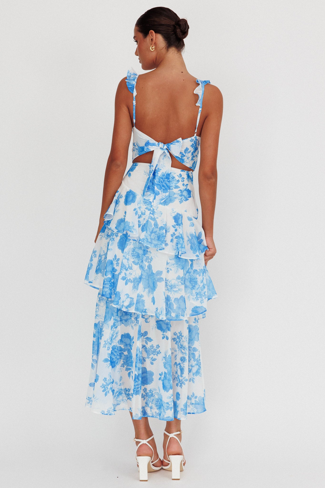 Veda Ruffle Strap Split Maxi Dress Floral White/Blue-Maymioy