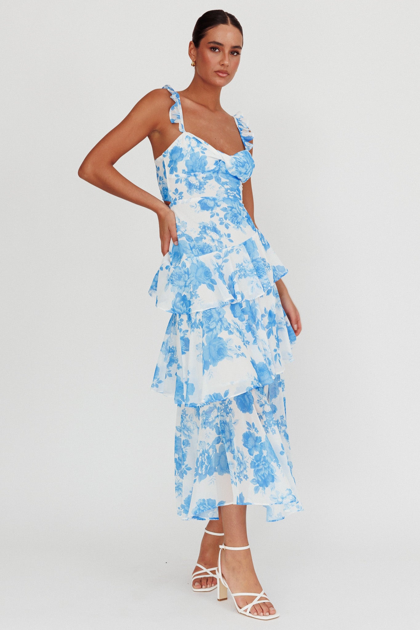 Veda Ruffle Strap Split Maxi Dress Floral White/Blue-Maymioy