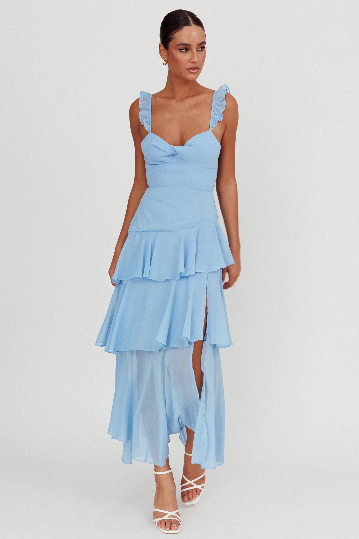 Veda Ruffle Strap Split Maxi Dress Blue-Maymioy