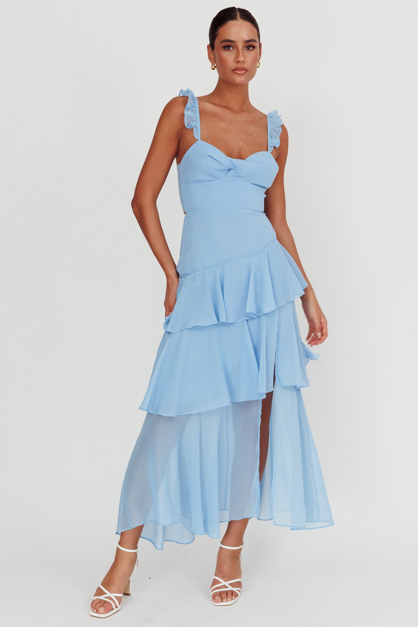 Veda Ruffle Strap Split Maxi Dress Blue-Maymioy