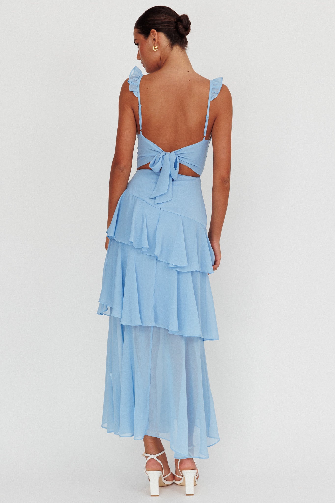 Veda Ruffle Strap Split Maxi Dress Blue-Maymioy