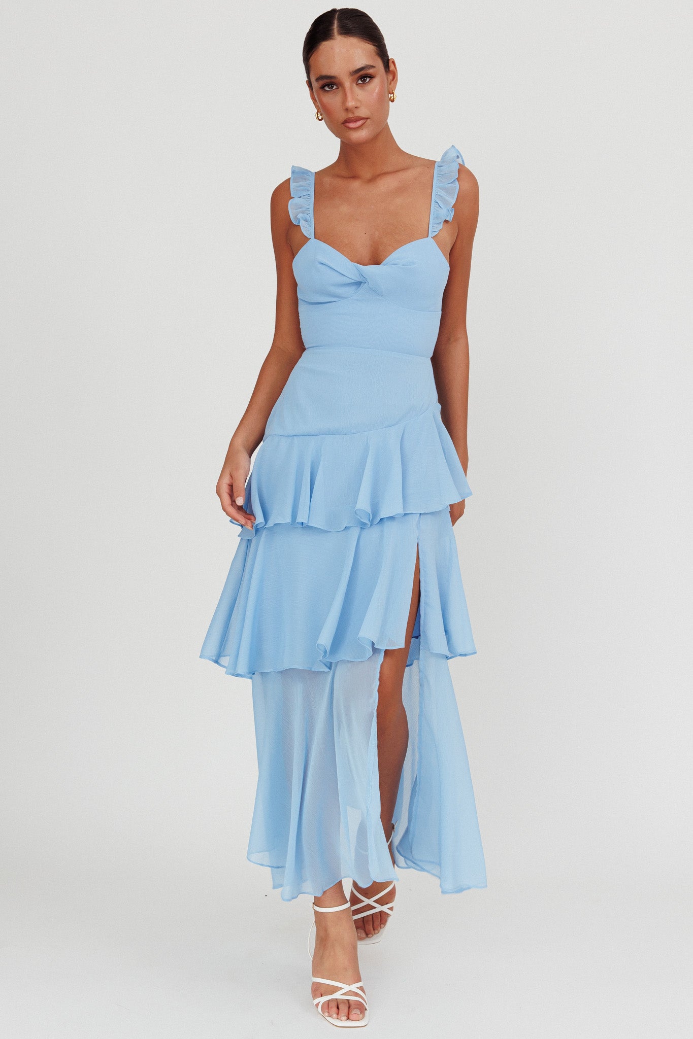 Veda Ruffle Strap Split Maxi Dress Blue-Maymioy