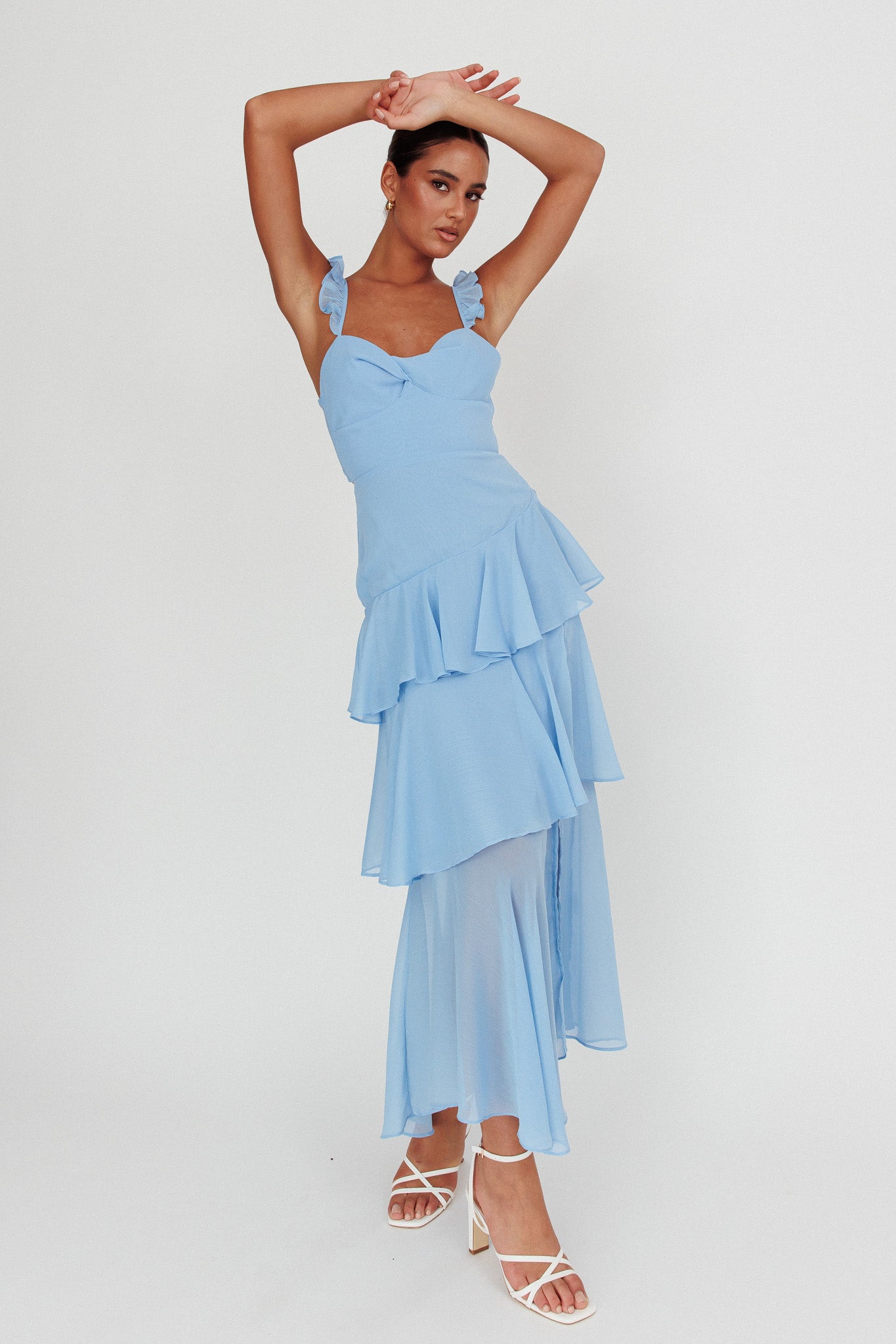 Veda Ruffle Strap Split Maxi Dress Blue-Maymioy