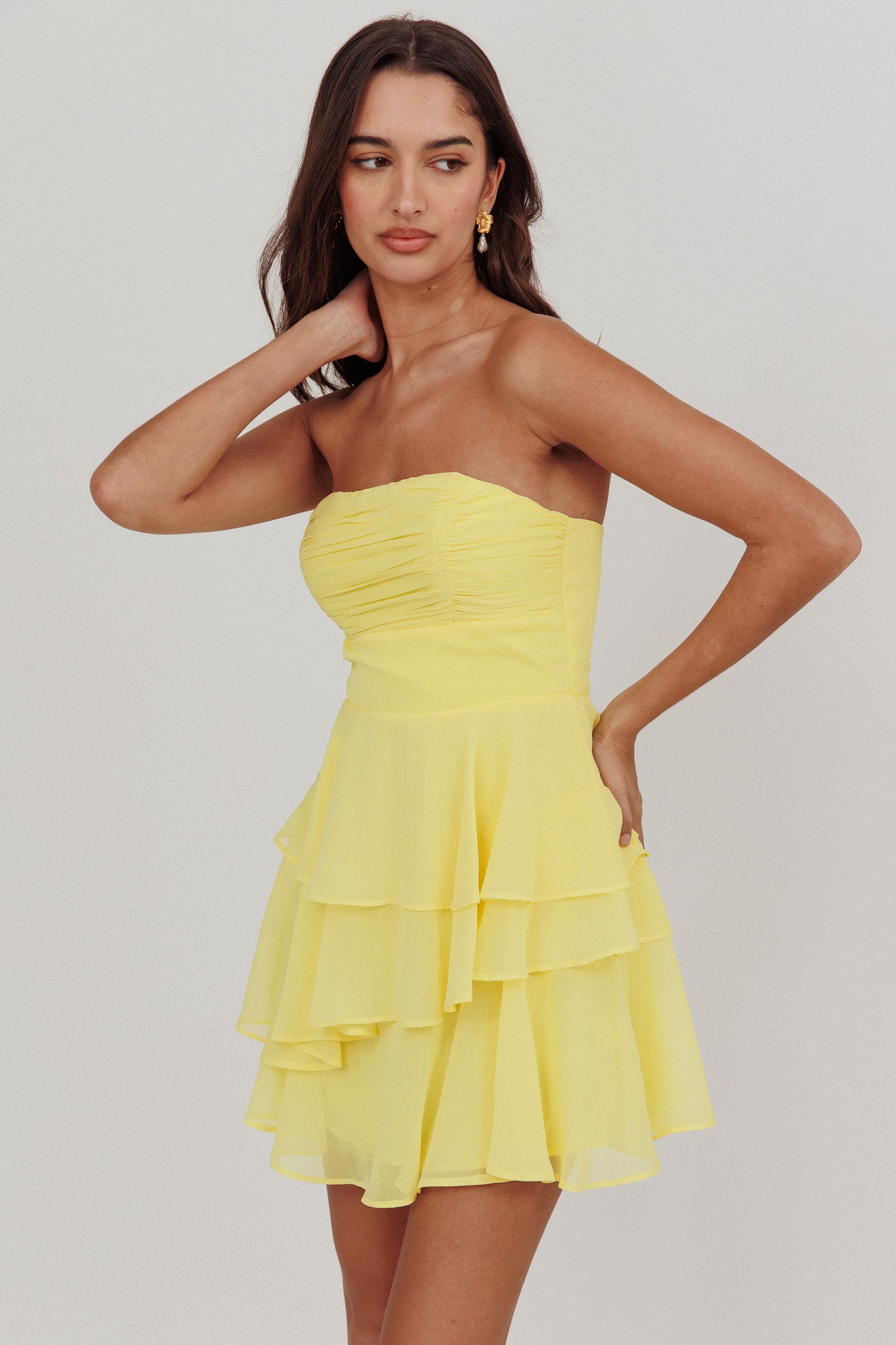 Veda Strapless Ruffle Mini Dress Lemon-Maymioy