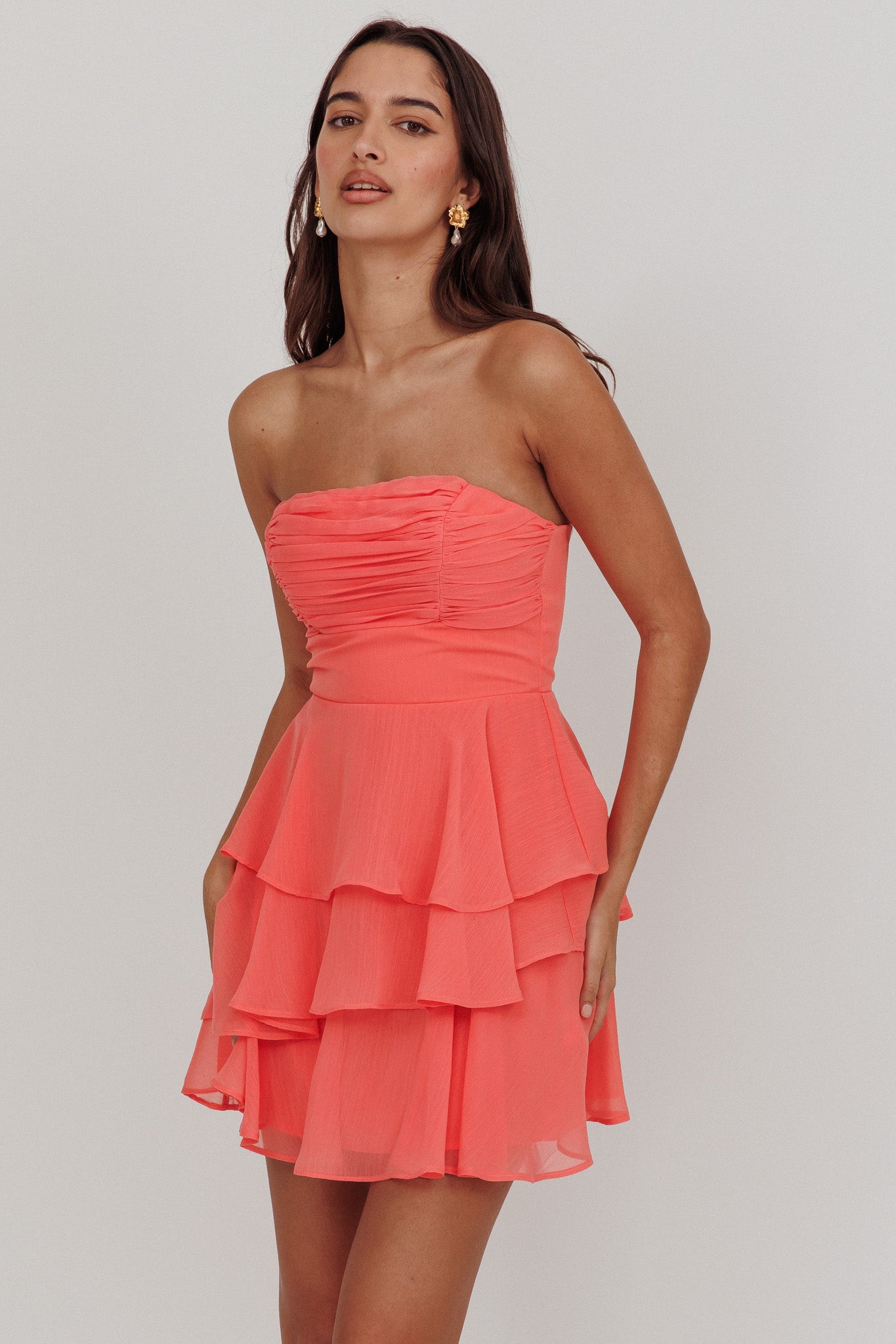 Veda Strapless Ruffle Mini Dress Peach-Maymioy