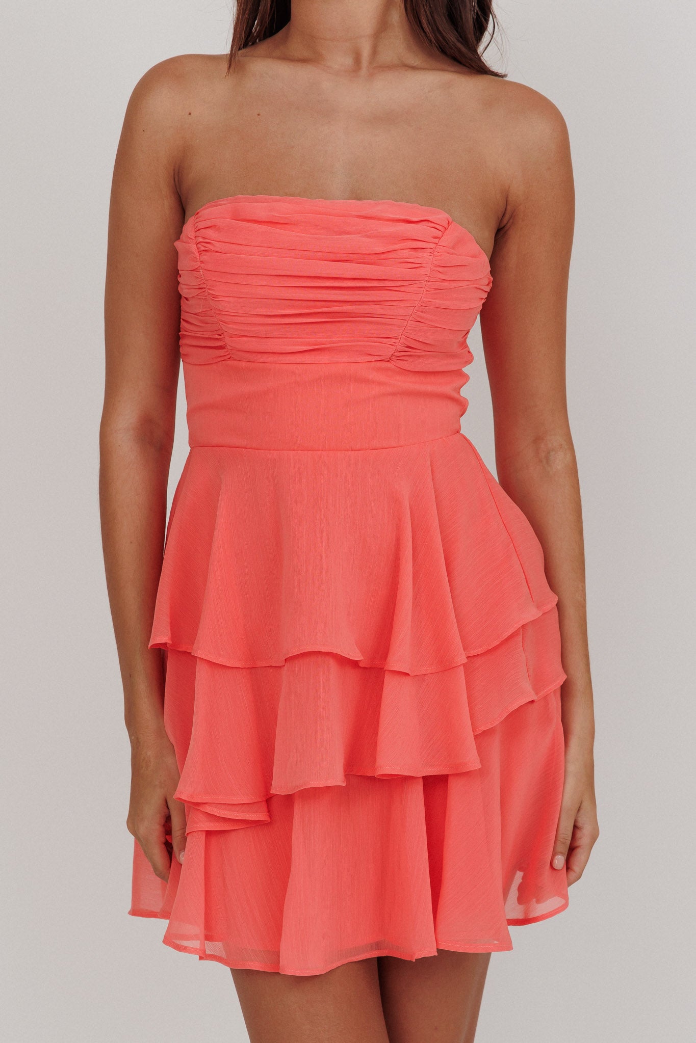 Veda Strapless Ruffle Mini Dress Peach-Maymioy