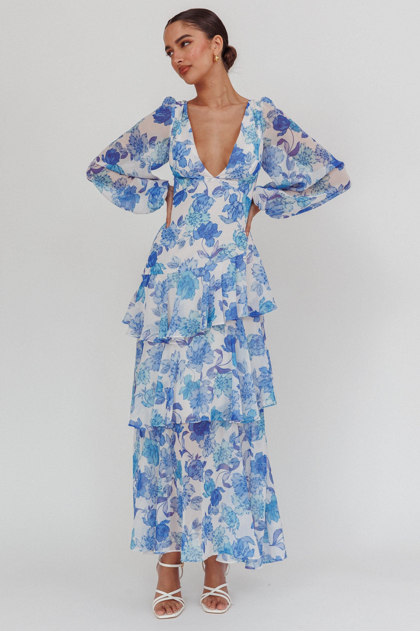 Veda Long Sleeve Floral Tiered Ruffle Maxi Dress Blue-Maymioy