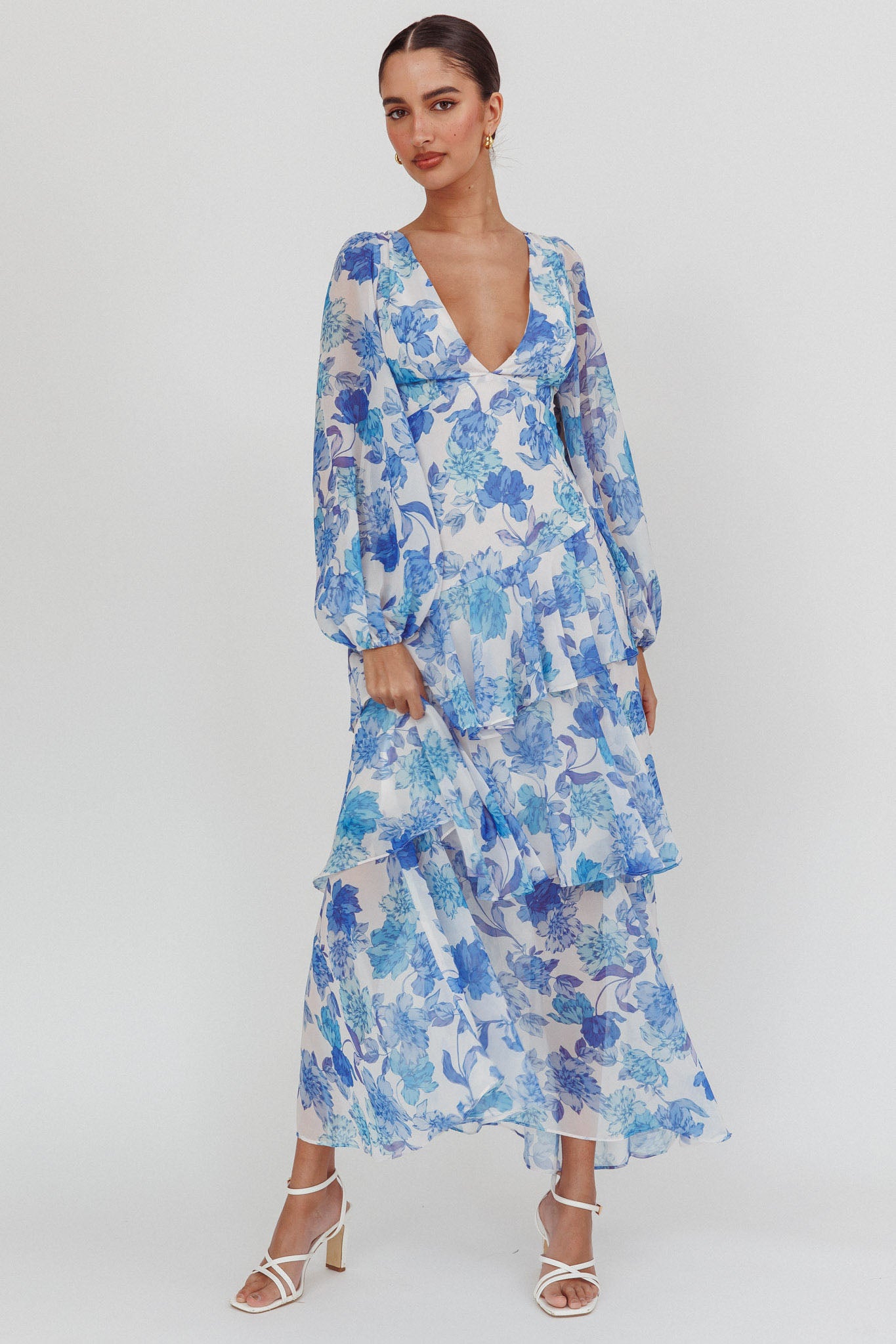 Veda Long Sleeve Floral Tiered Ruffle Maxi Dress Blue-Maymioy