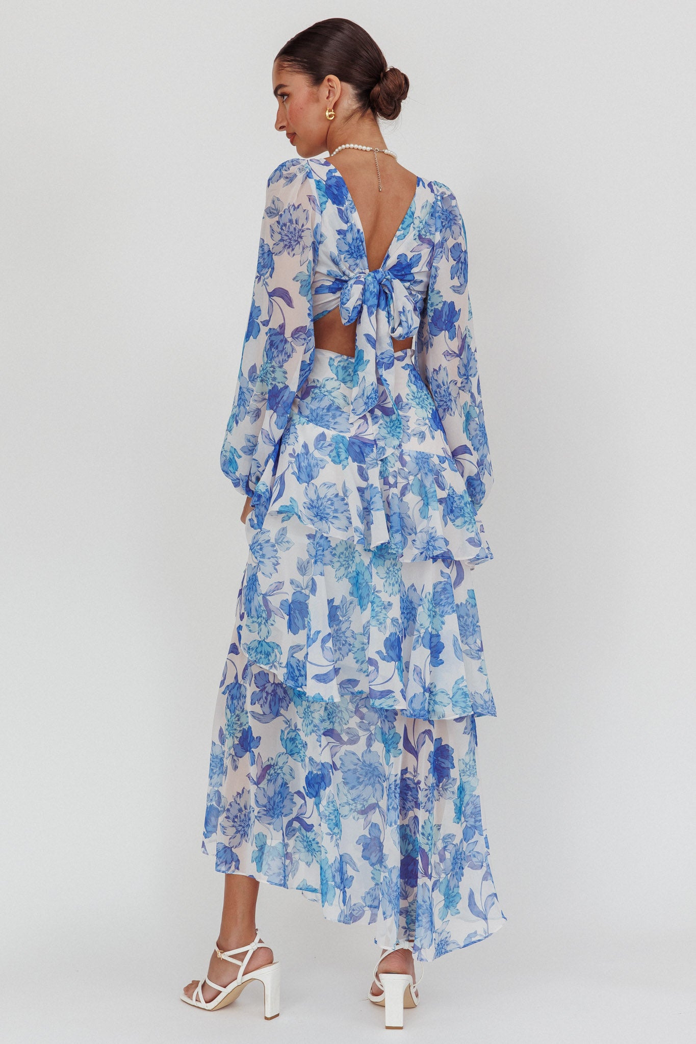 Veda Long Sleeve Floral Tiered Ruffle Maxi Dress Blue-Maymioy