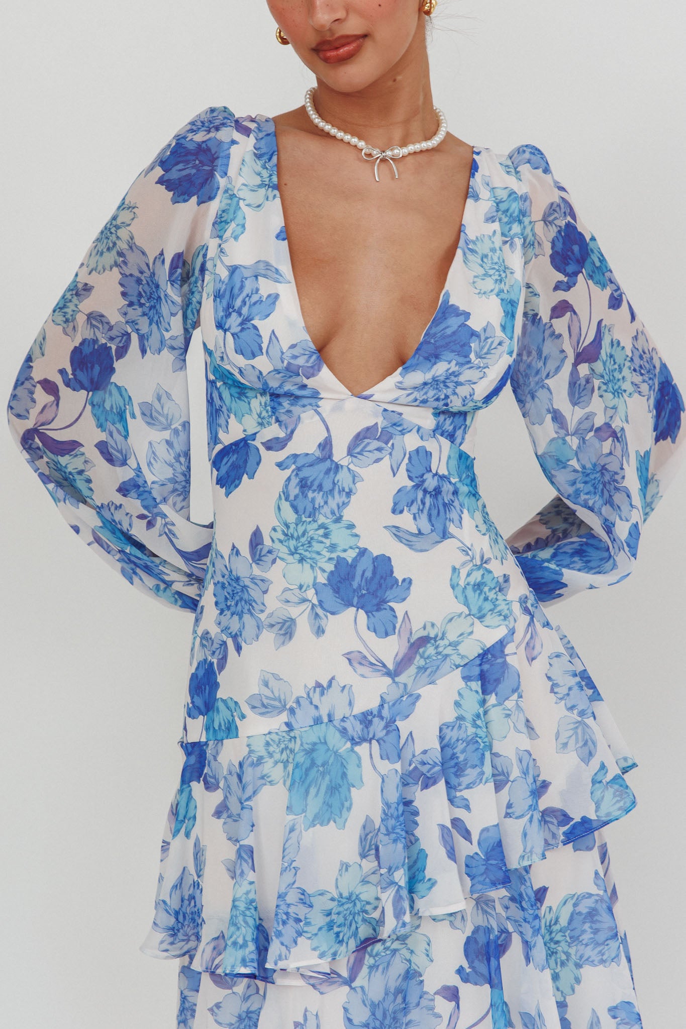 Veda Long Sleeve Floral Tiered Ruffle Maxi Dress Blue-Maymioy