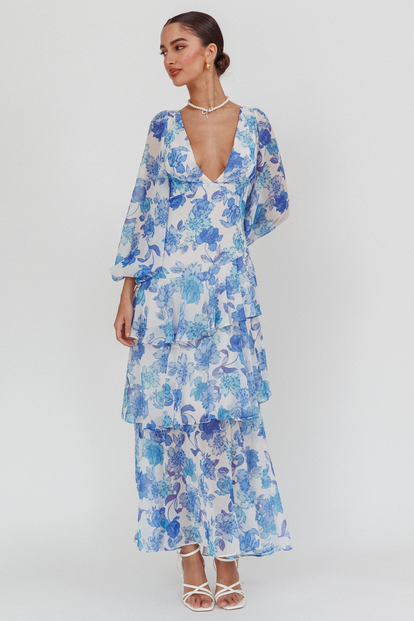 Veda Long Sleeve Floral Tiered Ruffle Maxi Dress Blue-Maymioy