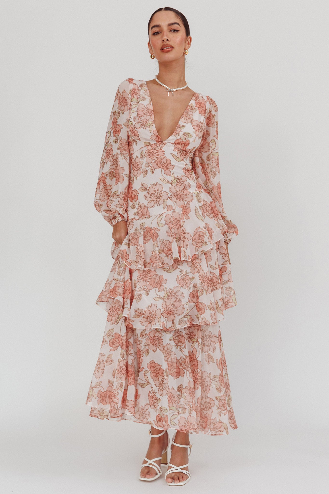 Veda Long Sleeve Floral Tiered Ruffle Maxi Dress Peach-Maymioy