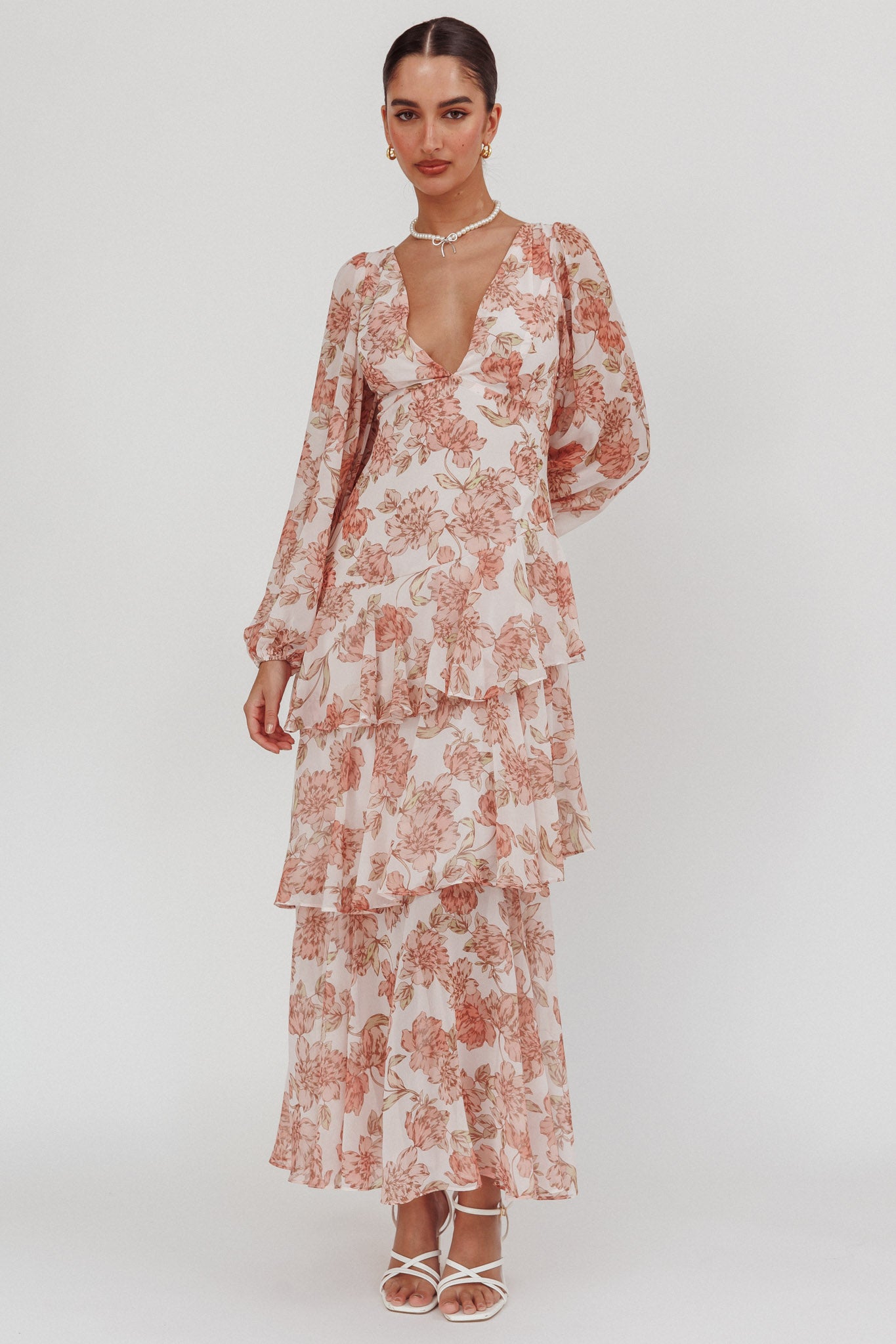 Veda Long Sleeve Floral Tiered Ruffle Maxi Dress Peach-Maymioy