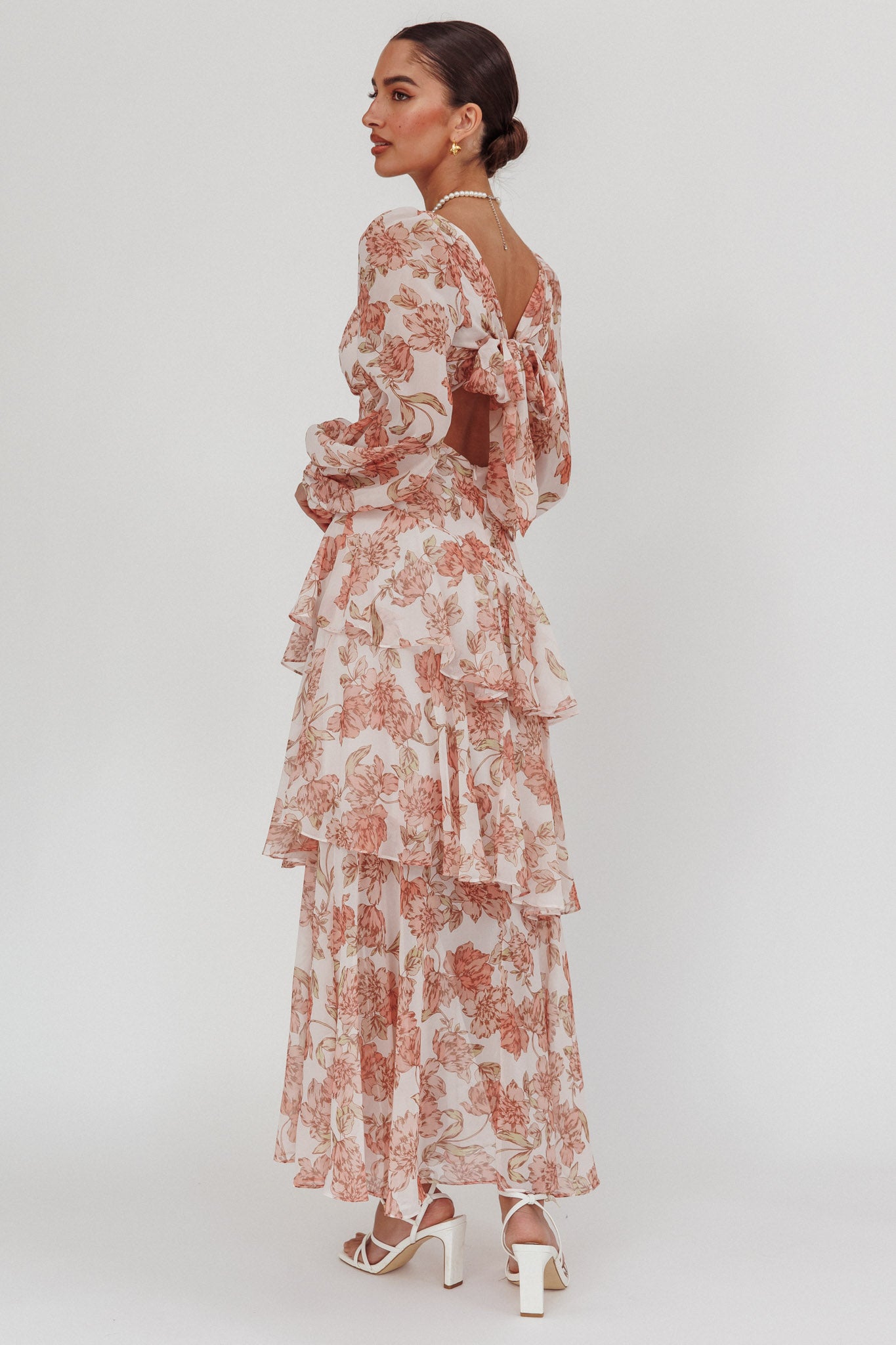 Veda Long Sleeve Floral Tiered Ruffle Maxi Dress Peach-Maymioy