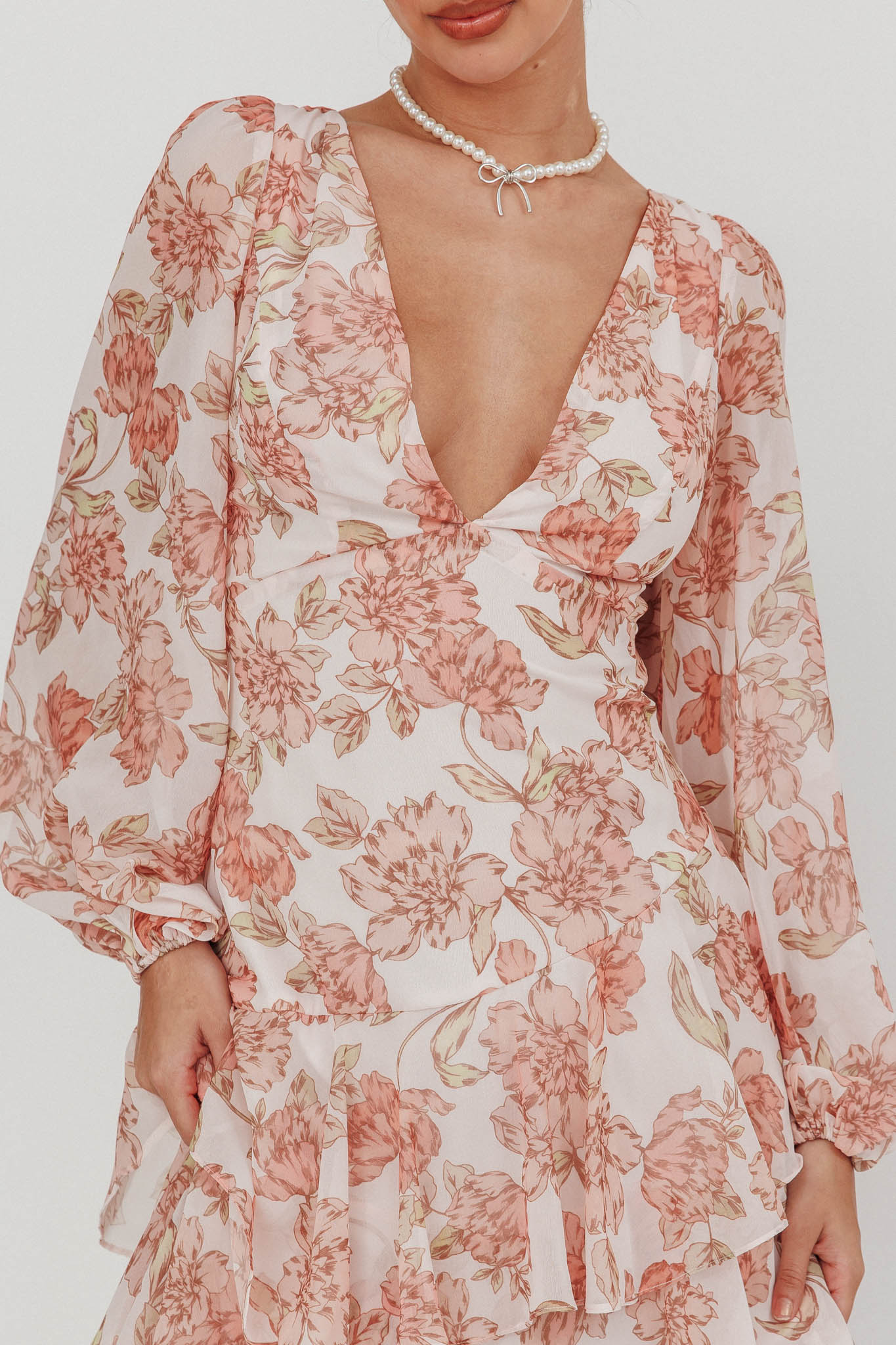 Veda Long Sleeve Floral Tiered Ruffle Maxi Dress Peach-Maymioy