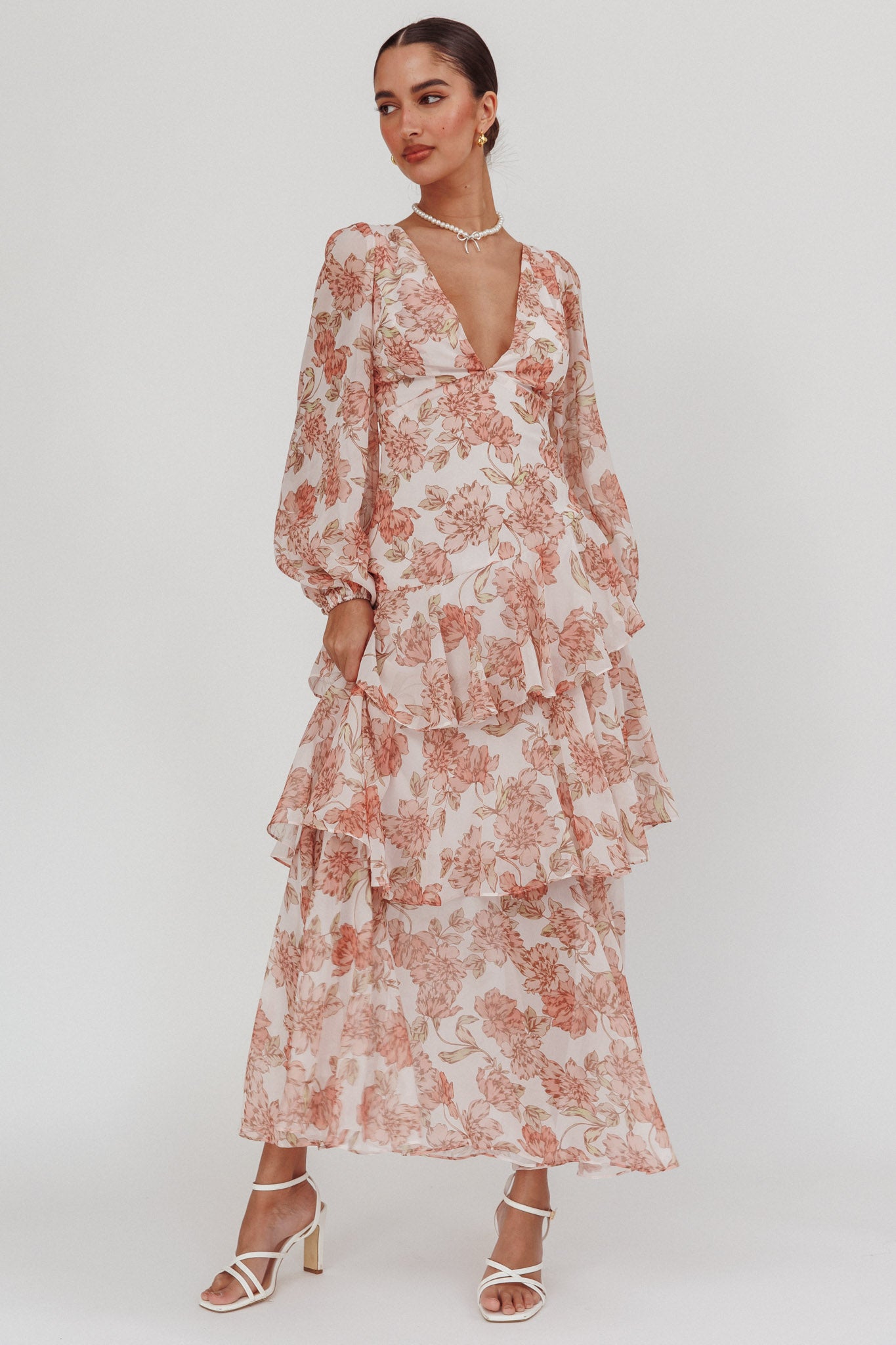 Veda Long Sleeve Floral Tiered Ruffle Maxi Dress Peach-Maymioy