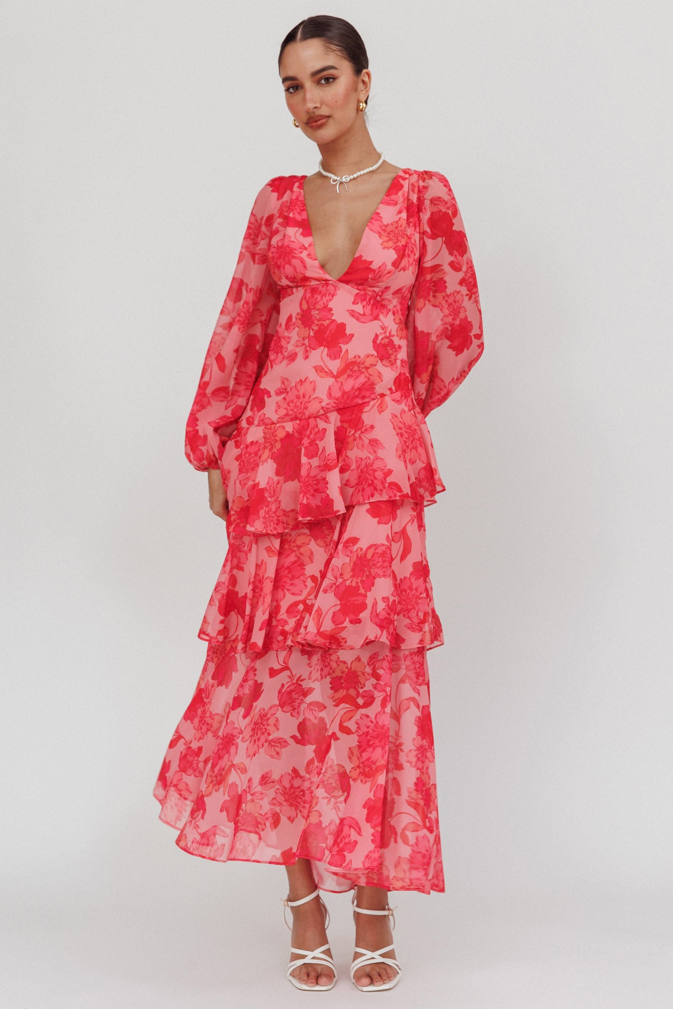 Veda Long Sleeve Floral Tiered Ruffle Maxi Dress Pink-Maymioy