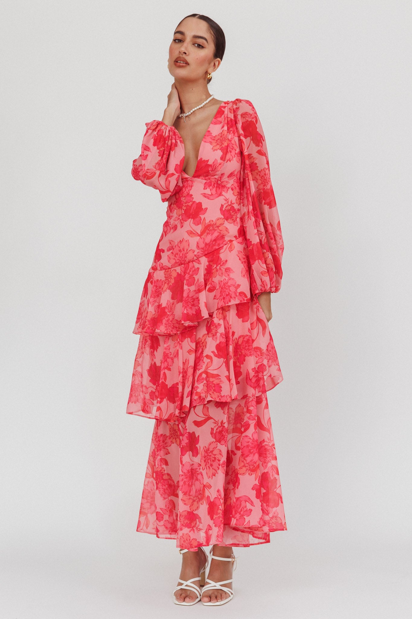 Veda Long Sleeve Floral Tiered Ruffle Maxi Dress Pink-Maymioy