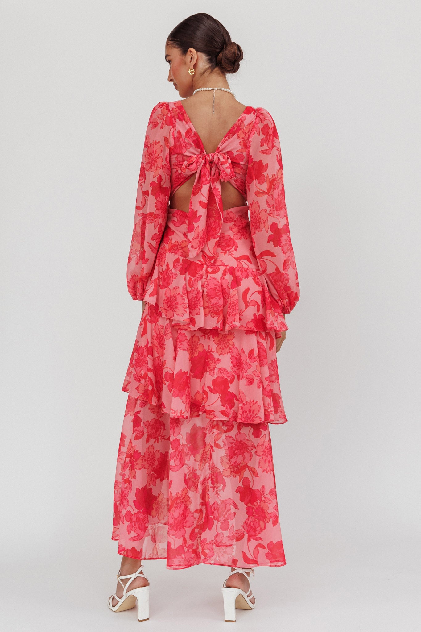 Veda Long Sleeve Floral Tiered Ruffle Maxi Dress Pink-Maymioy