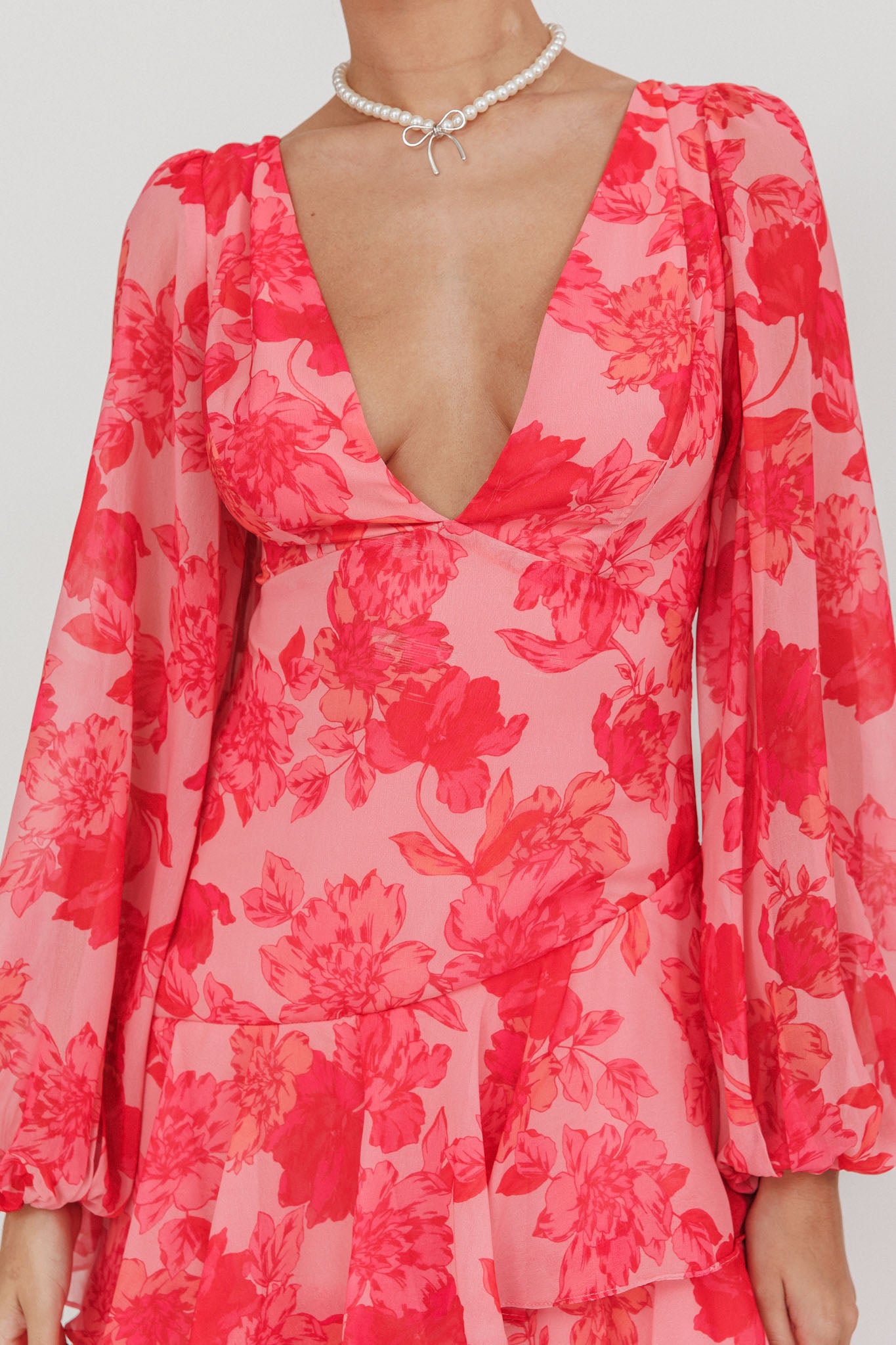 Veda Long Sleeve Floral Tiered Ruffle Maxi Dress Pink-Maymioy