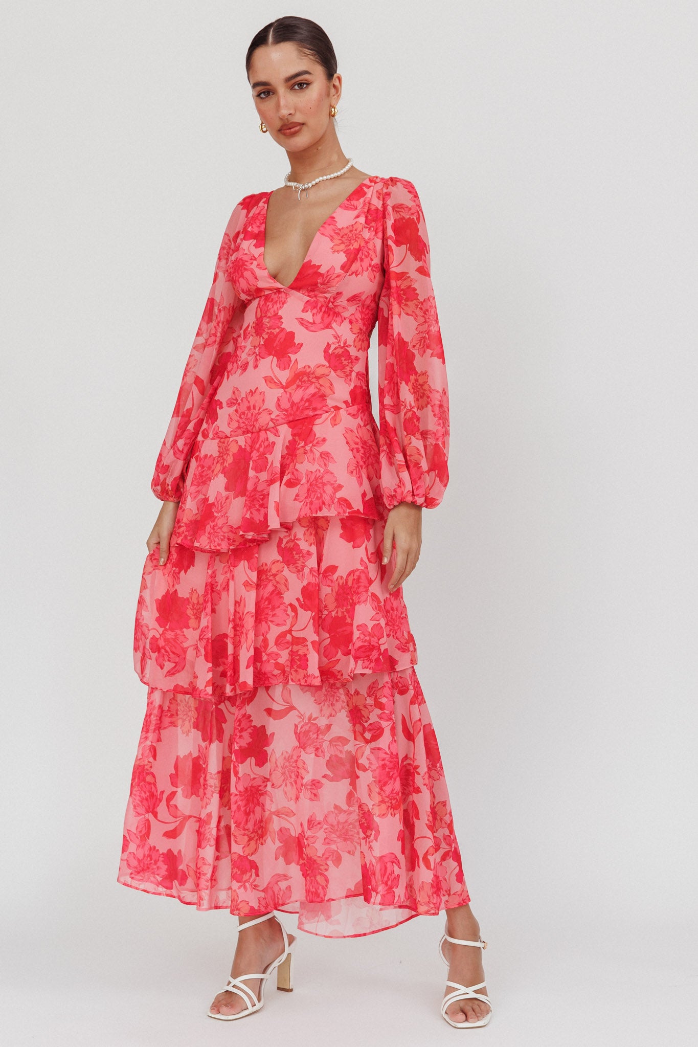 Veda Long Sleeve Floral Tiered Ruffle Maxi Dress Pink-Maymioy
