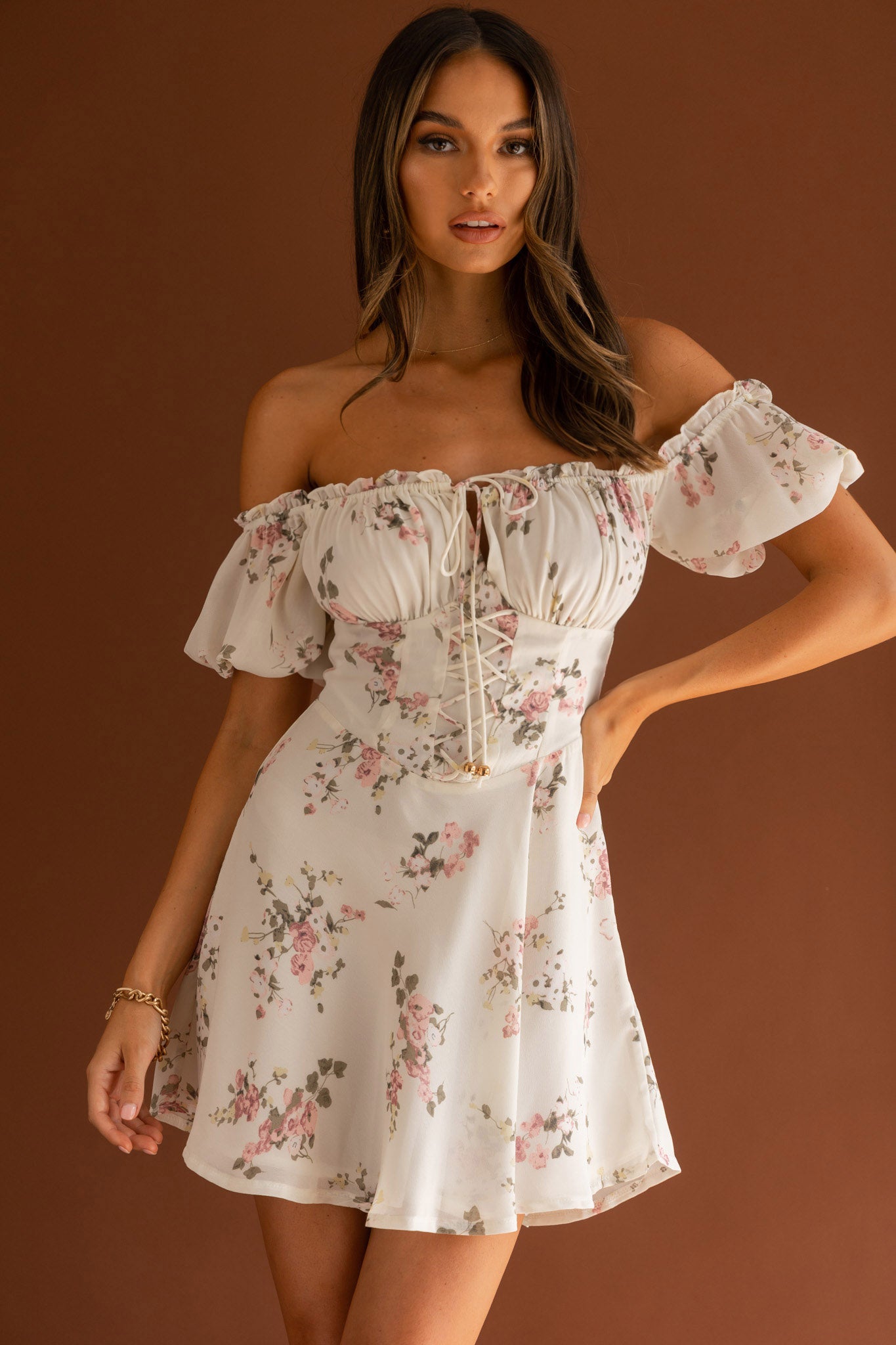 Belle Fleur Tied Bust Mini Dress Floral White-Maymioy