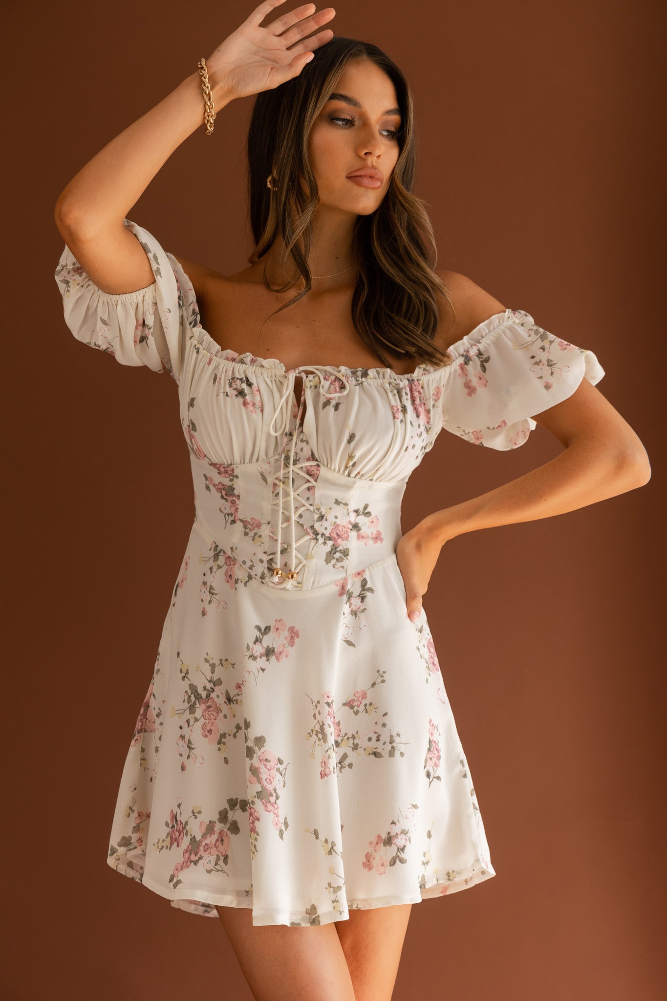 Belle Fleur Tied Bust Mini Dress Floral White-Maymioy
