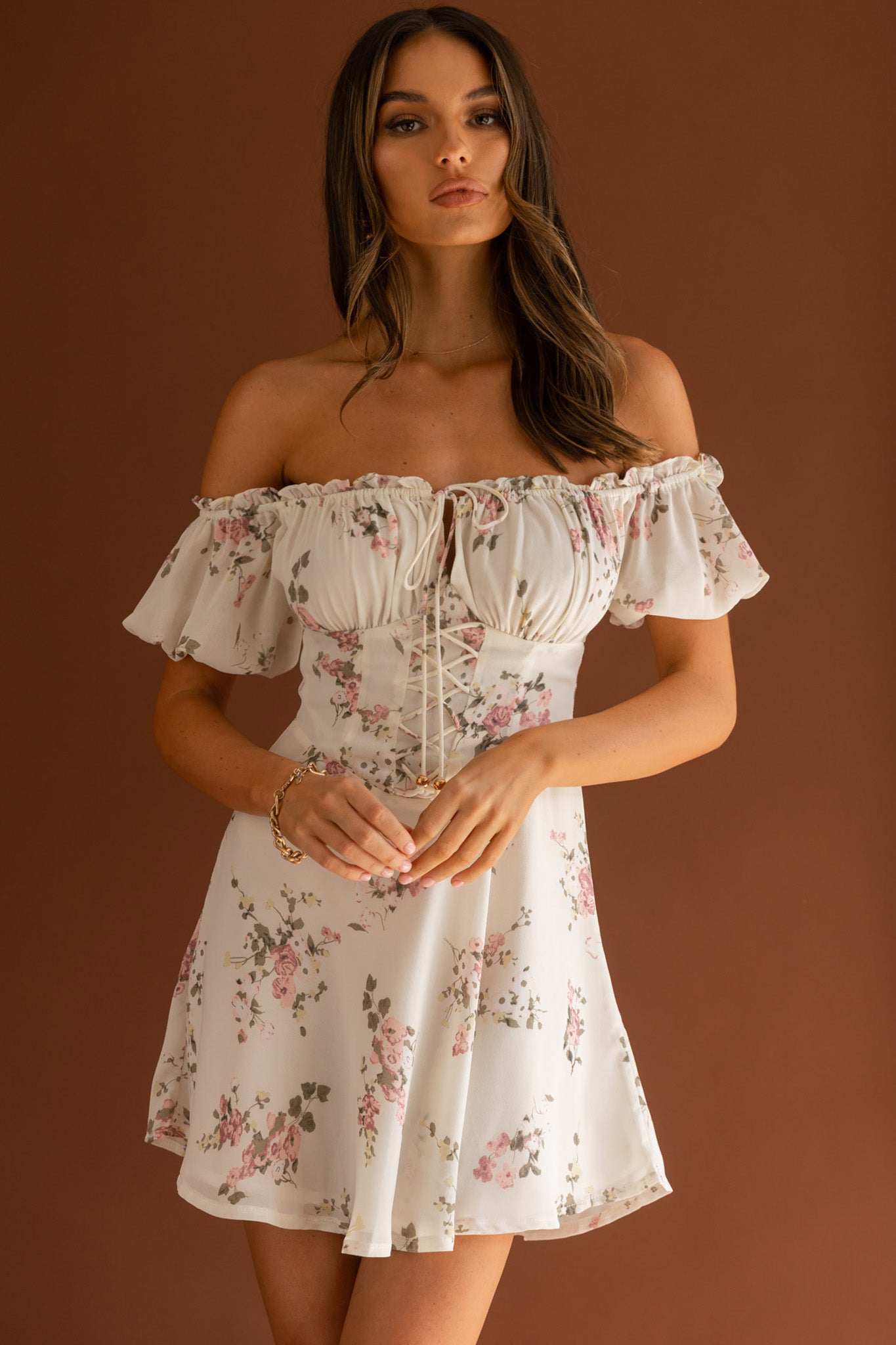 Belle Fleur Tied Bust Mini Dress Floral White-Maymioy