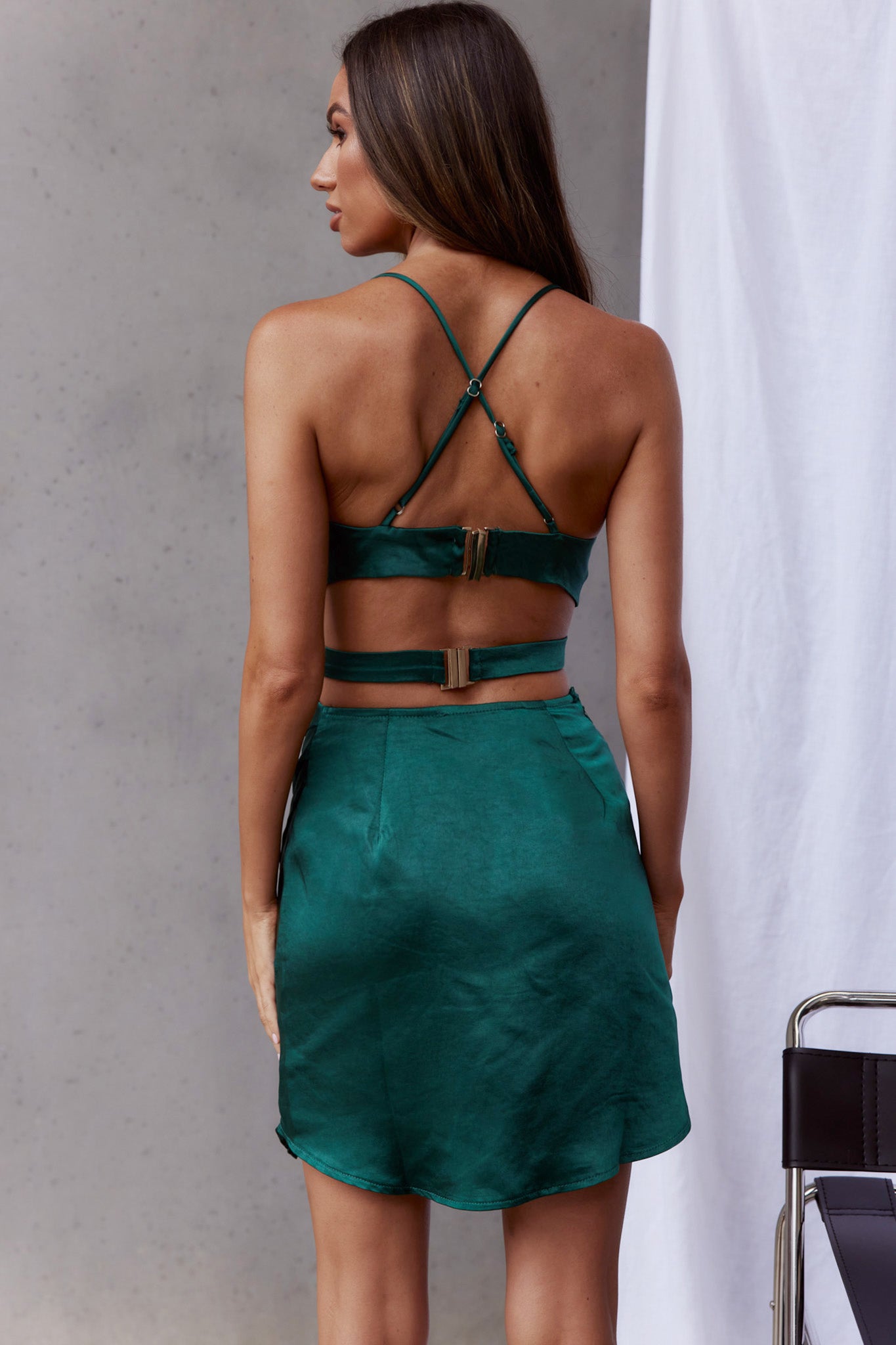 Duplicity Cut-Out Waist Asymmetrical Hem Mini Dress Forest Green-Maymioy