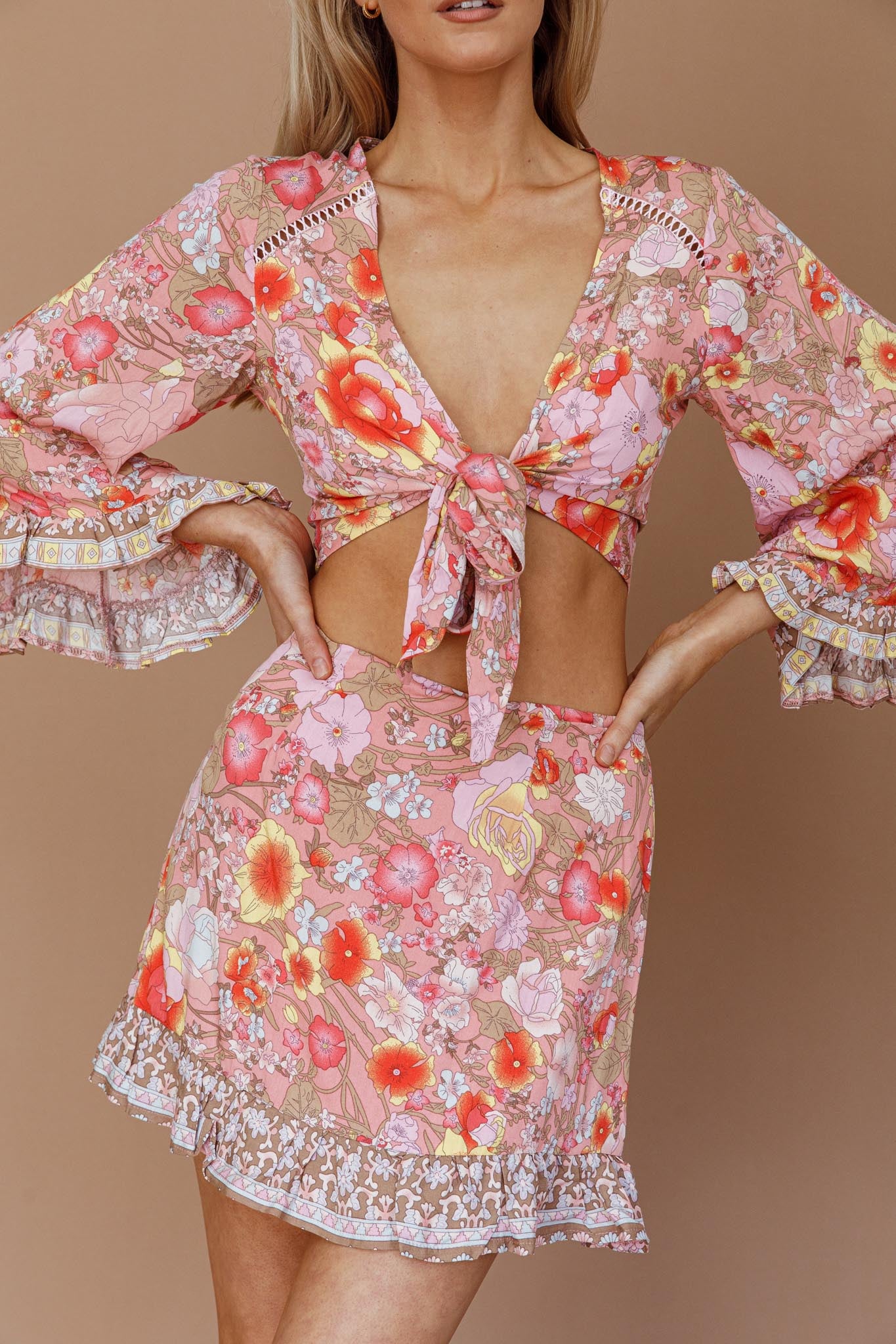 Island Girl Frill Hem Mini Skirt Floral Pink-Maymioy