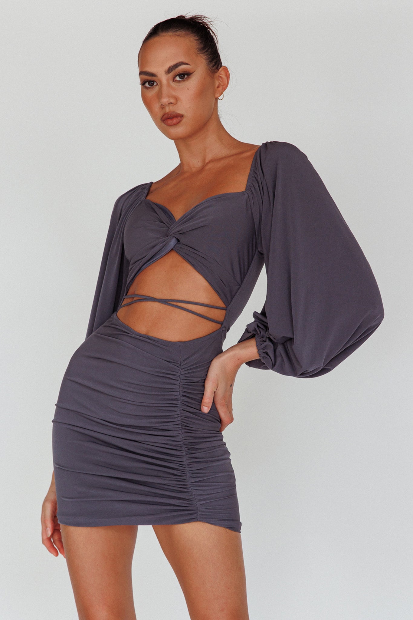 In Luck Cut-Out Waist Ruched Mini Dress Charcoal-Maymioy