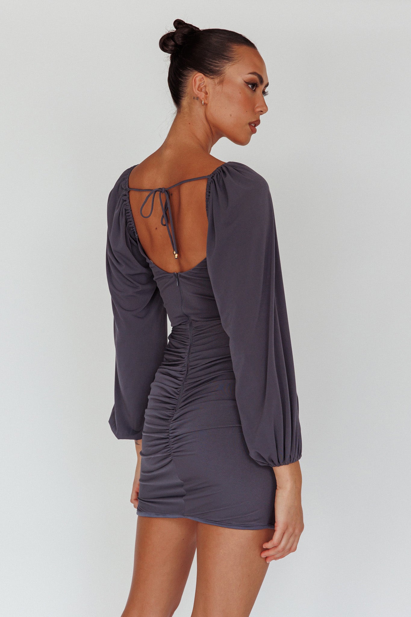 In Luck Cut-Out Waist Ruched Mini Dress Charcoal-Maymioy