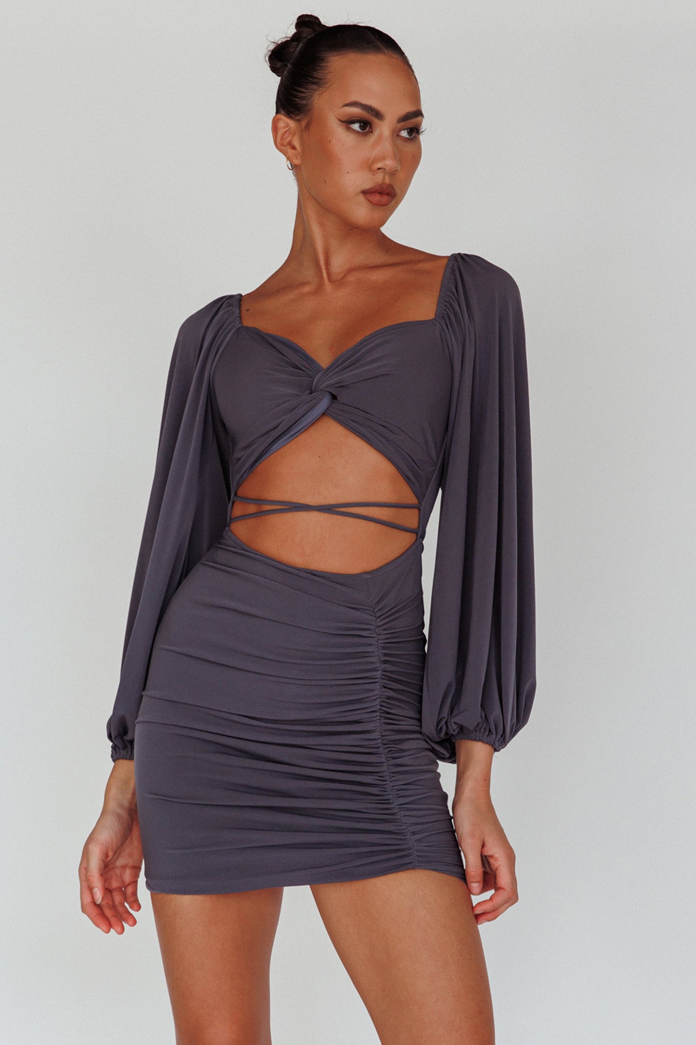 In Luck Cut-Out Waist Ruched Mini Dress Charcoal-Maymioy