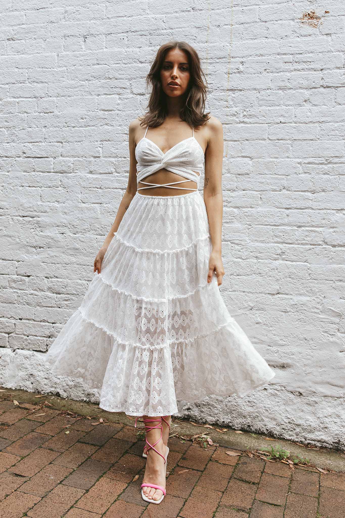 In Luck Cut-Out Waist Midi Dress White-Maymioy