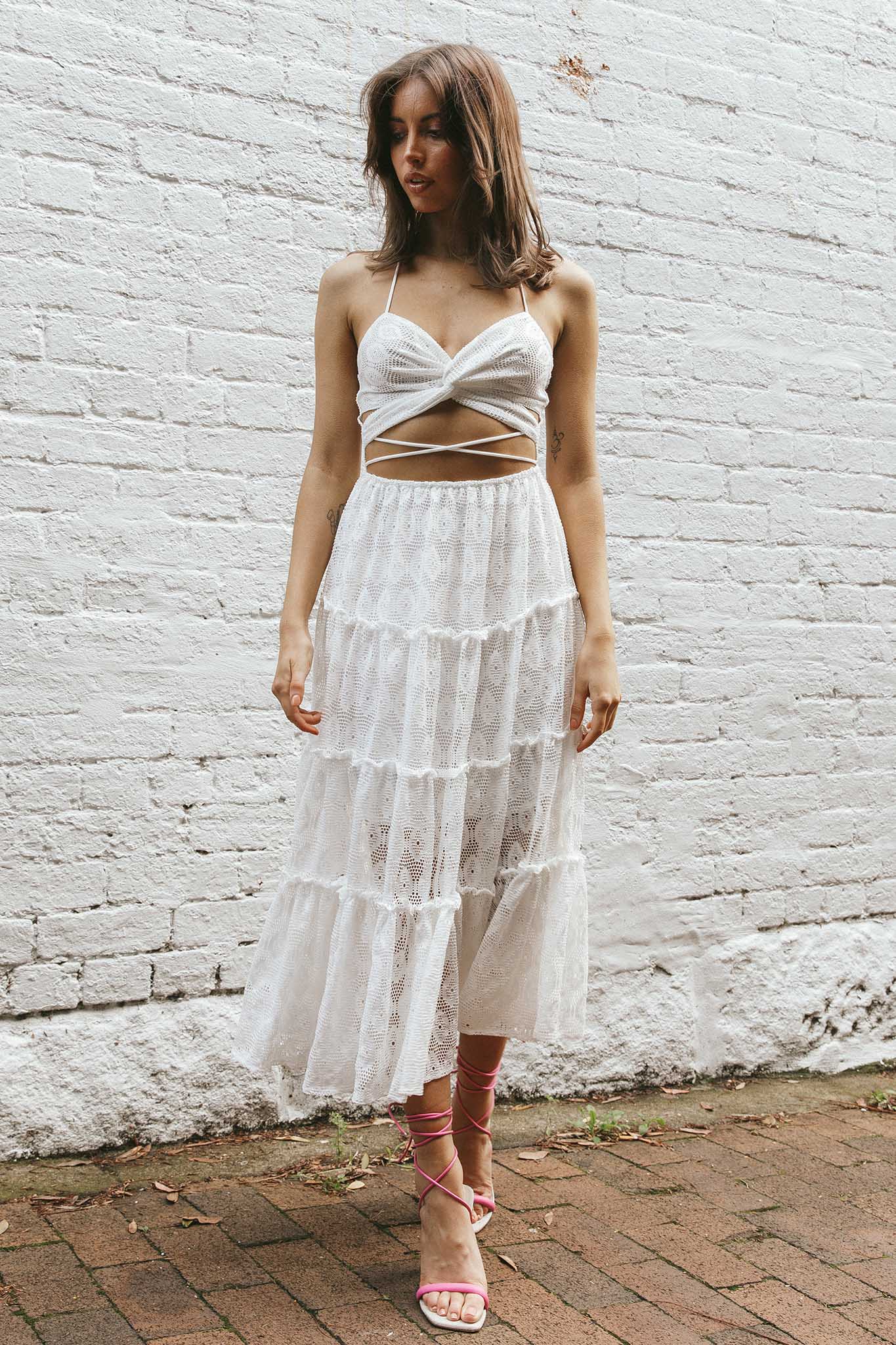 In Luck Cut-Out Waist Midi Dress White-Maymioy