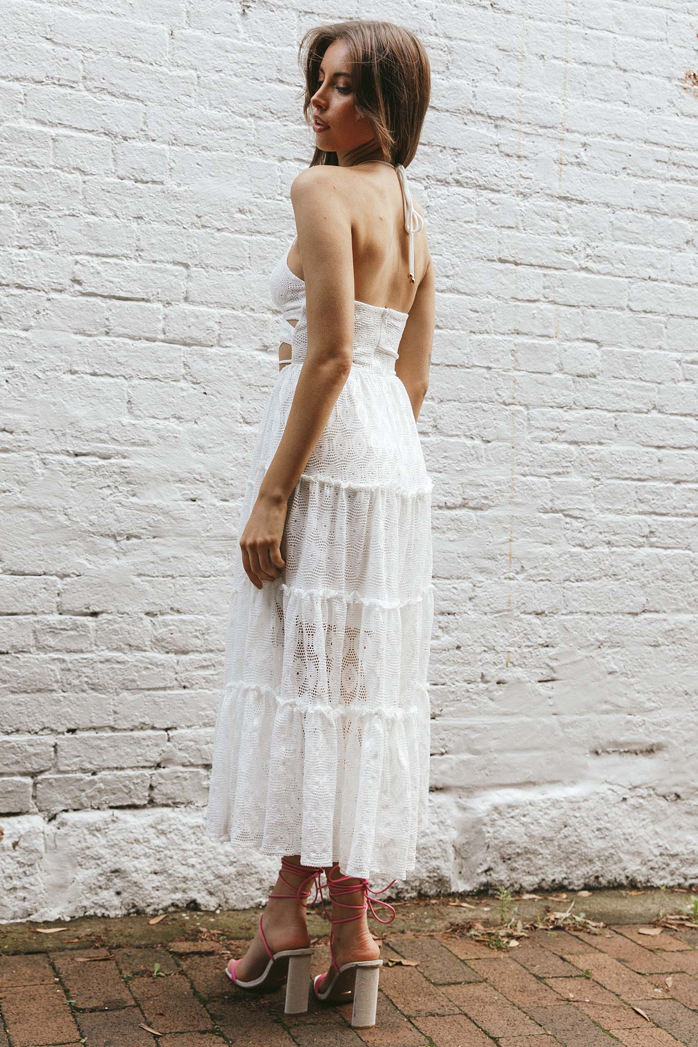 In Luck Cut-Out Waist Midi Dress White-Maymioy