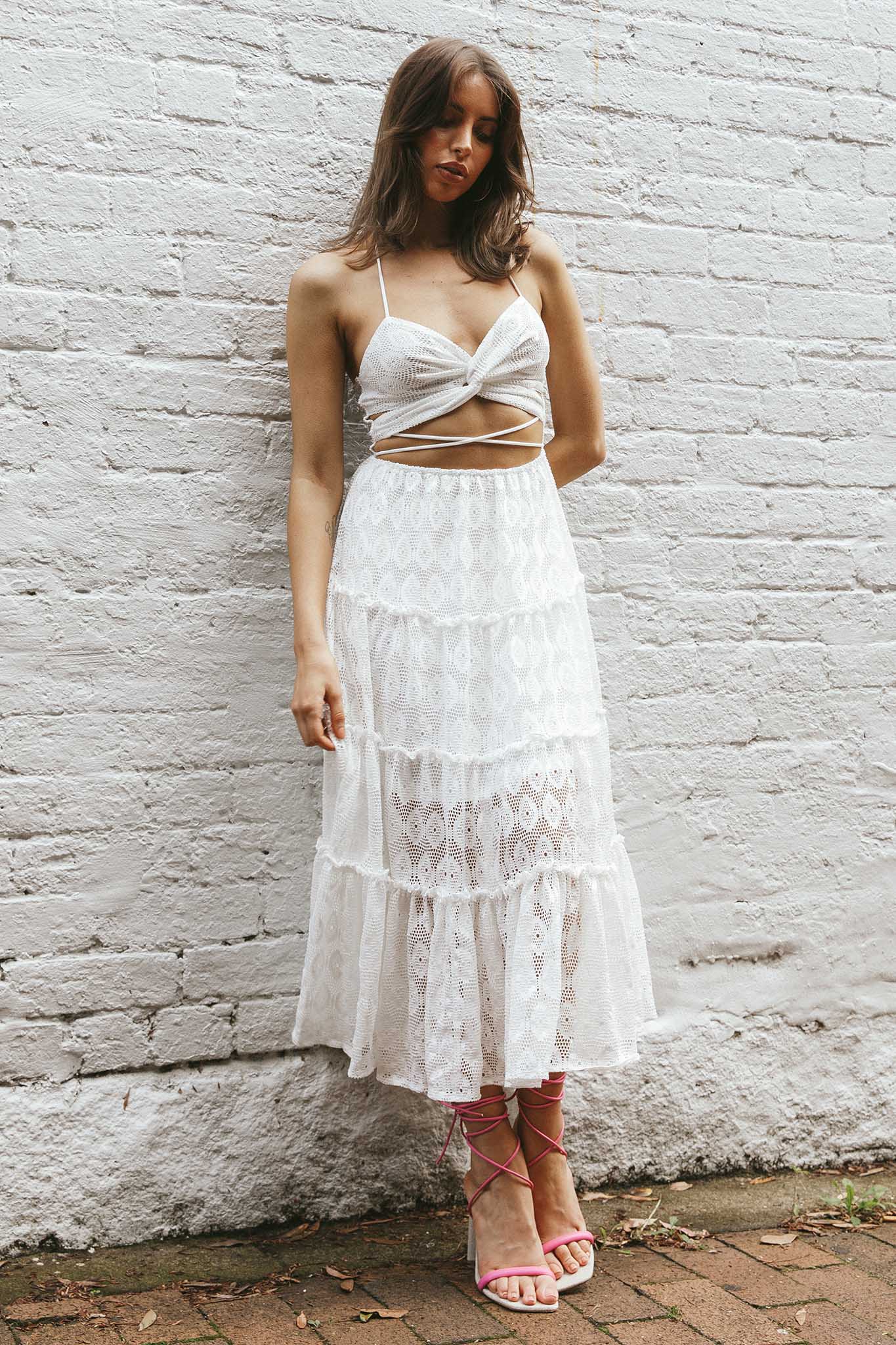 In Luck Cut-Out Waist Midi Dress White-Maymioy