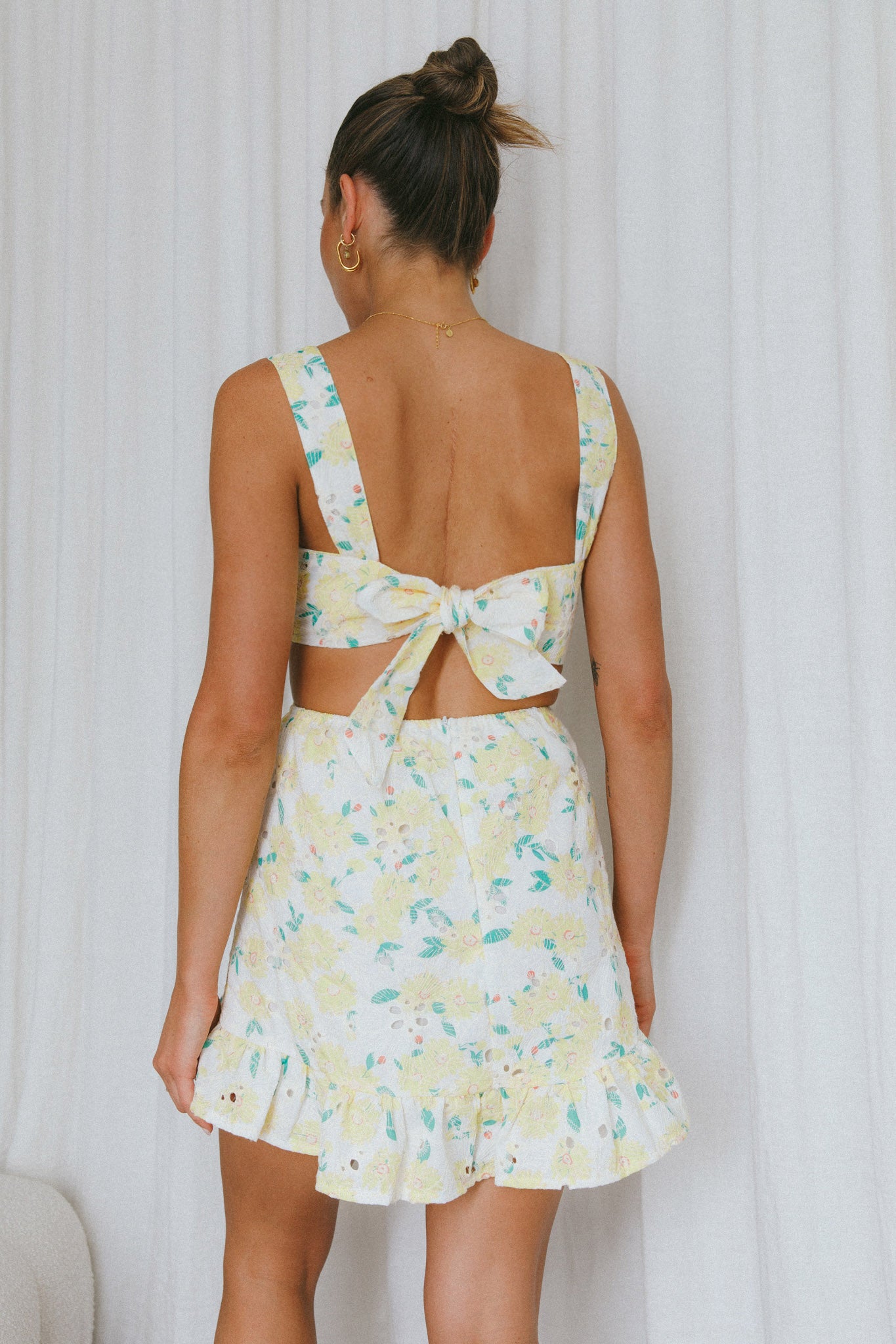 Pascale String-Tie Cut-Out Dress Floral Yellow-Maymioy