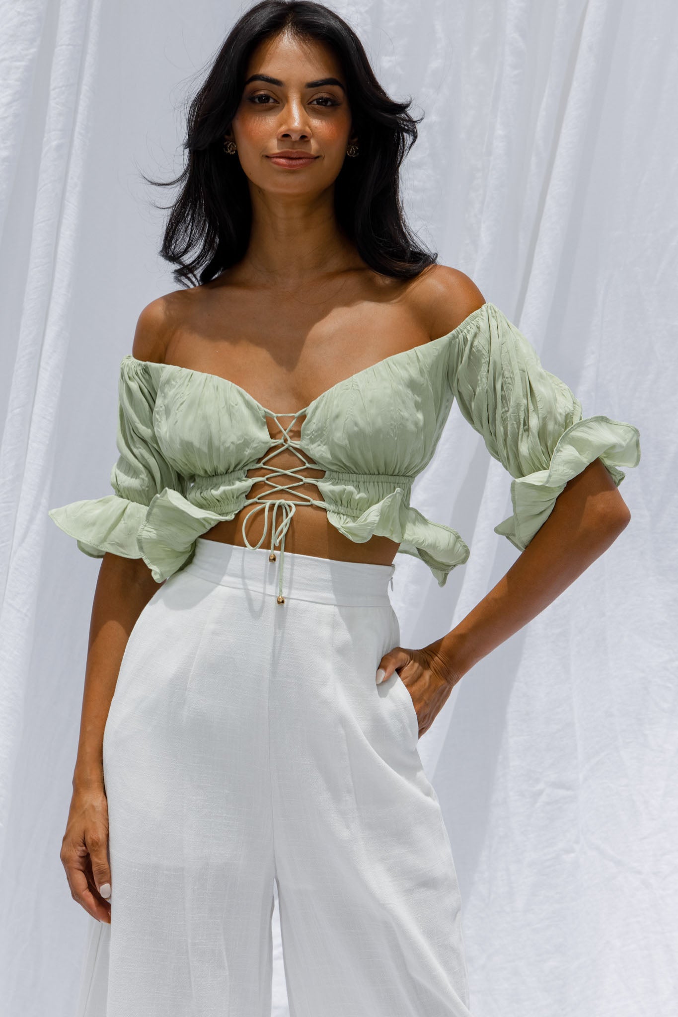 Josephina Off-Shoulder Lace-Up Front Crop Top Apple-Maymioy