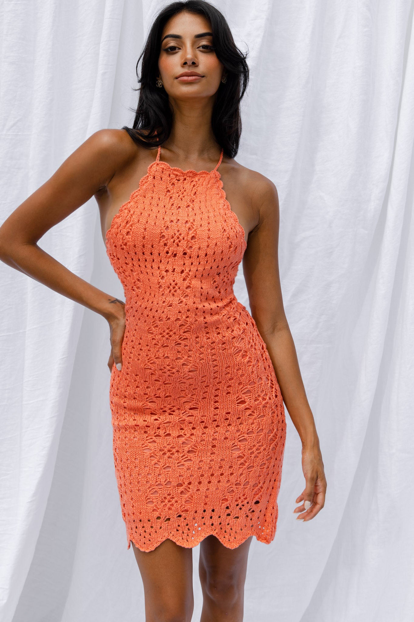 Boracay Halterneck Tie-Up Back Crochet Mini Dress Tangerine-Maymioy
