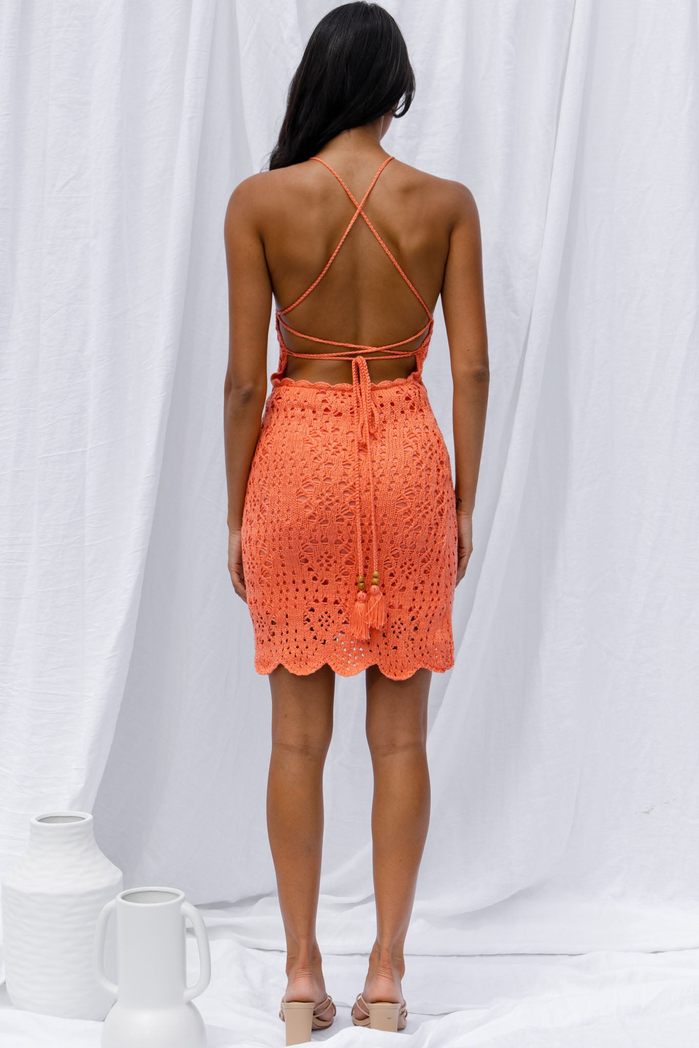 Boracay Halterneck Tie-Up Back Crochet Mini Dress Tangerine-Maymioy