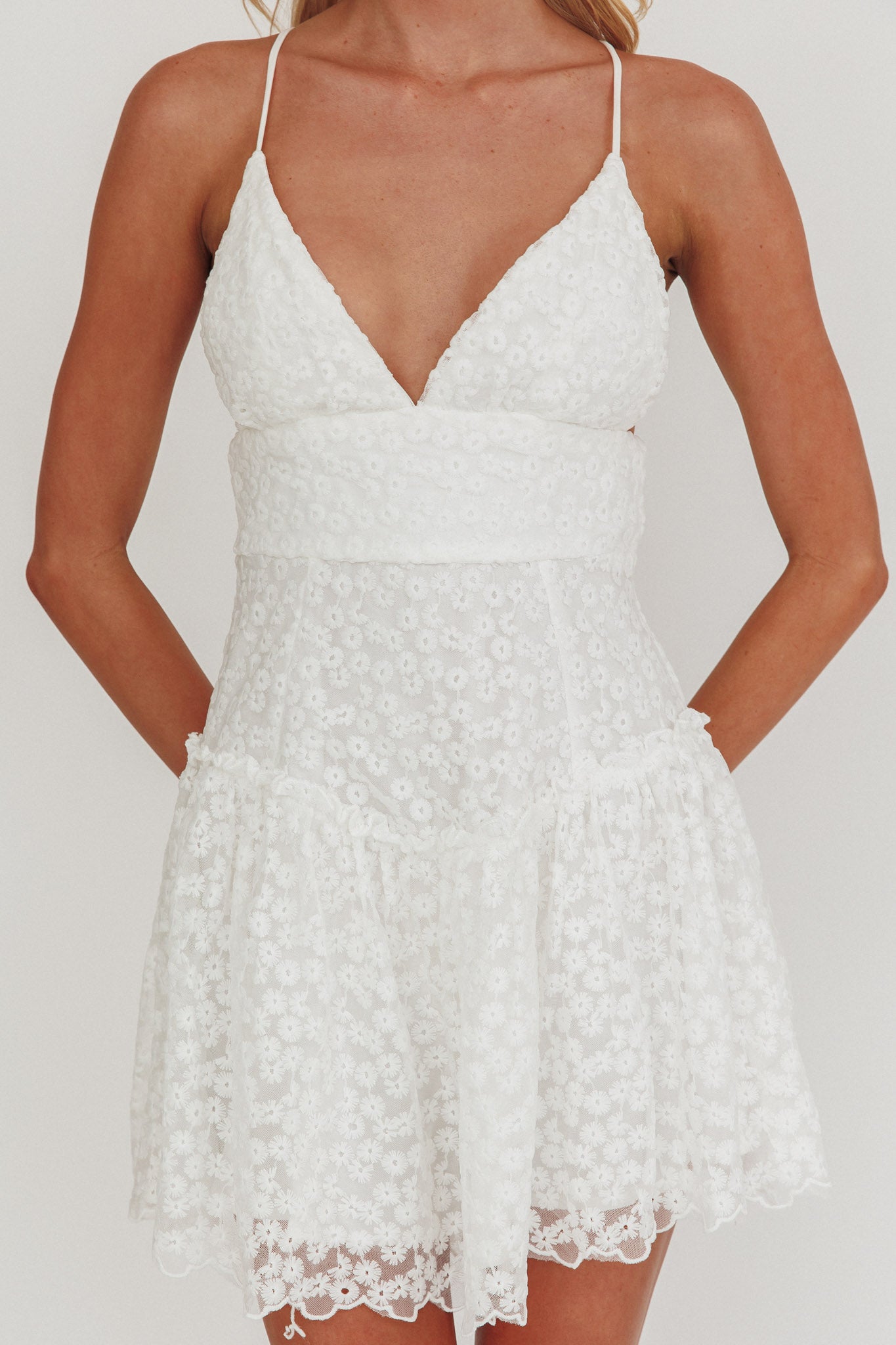 Belize Flounce Hem Mini Dress White-Maymioy