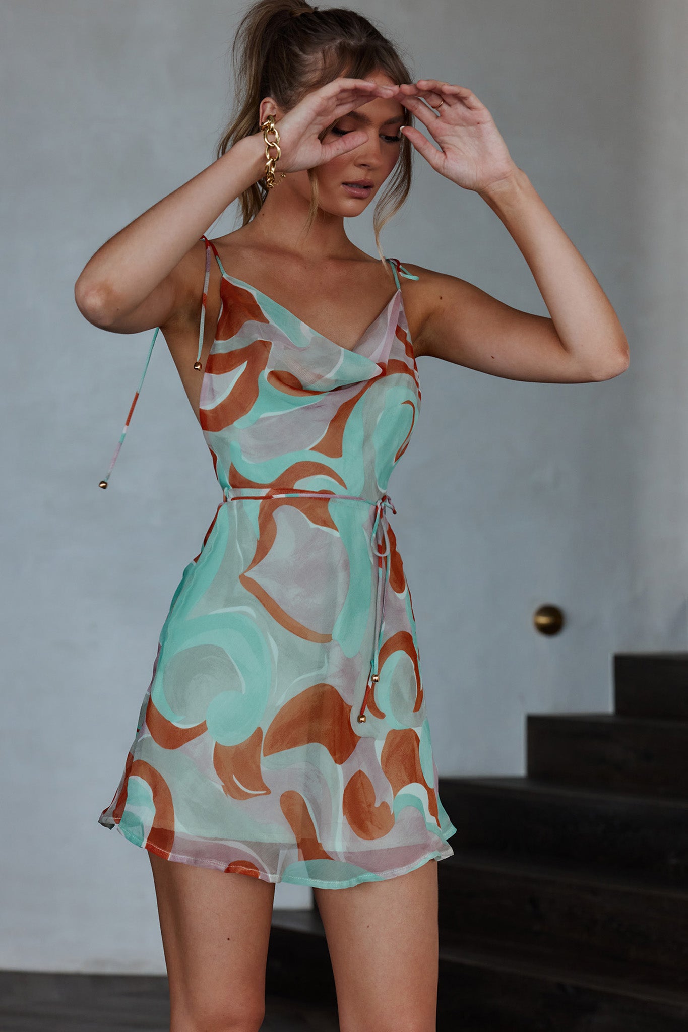 Salena String-Tie Strap Mini Dress Swirl Mint-Maymioy
