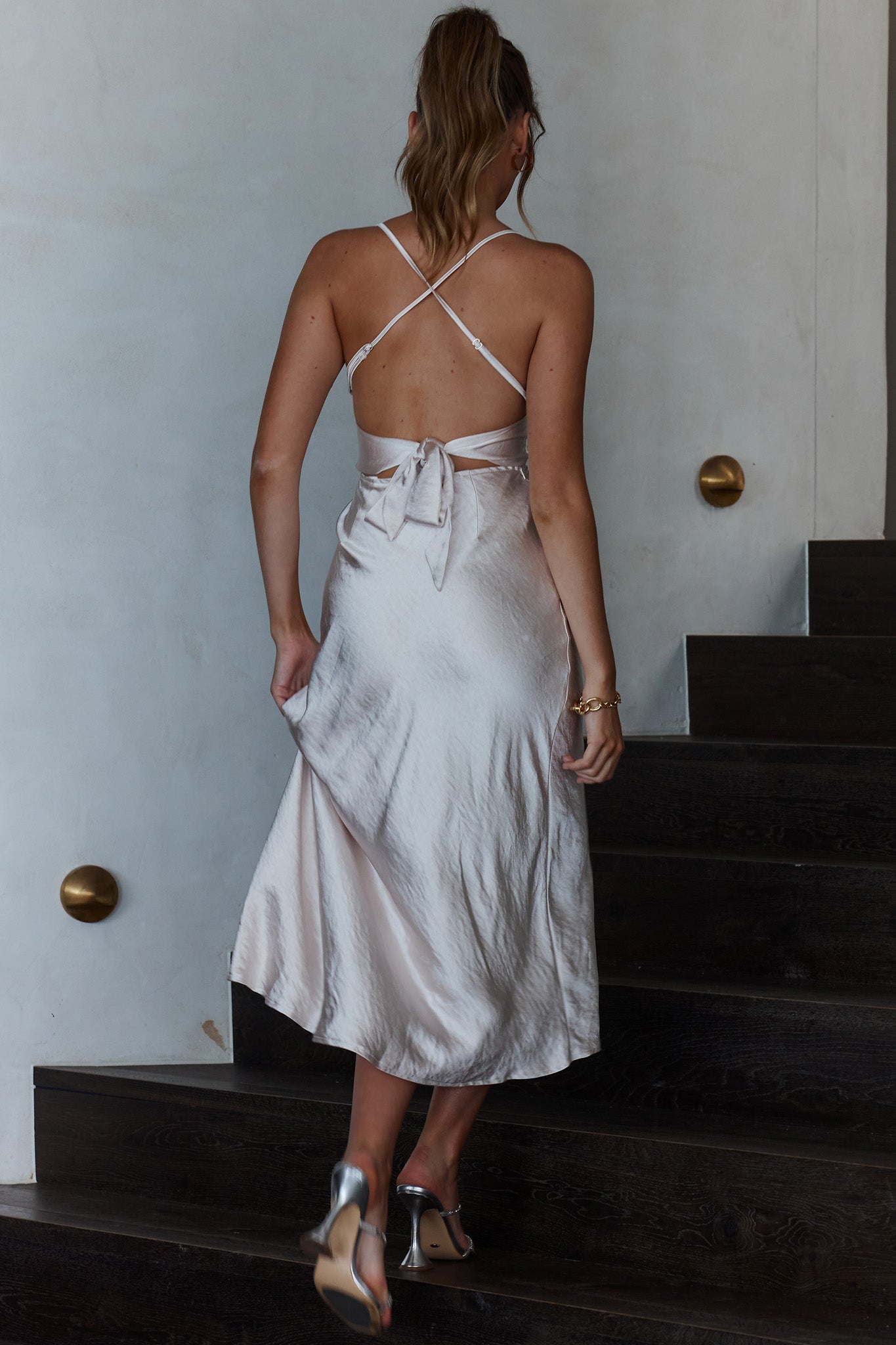 Lakoda Gathered Bust Bow Tie Back Midi Dress Champagne-Maymioy