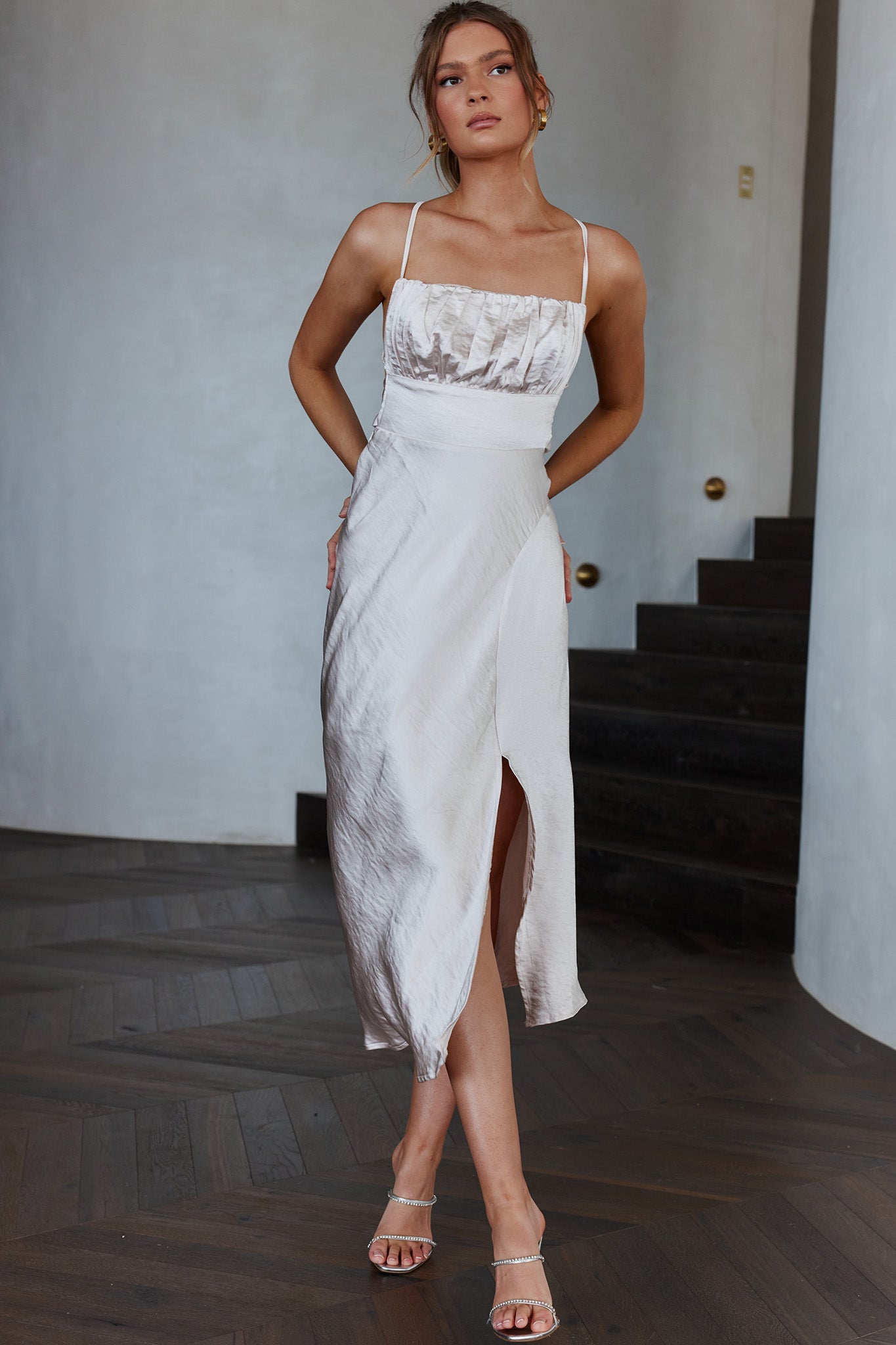 Lakoda Gathered Bust Bow Tie Back Midi Dress Champagne-Maymioy