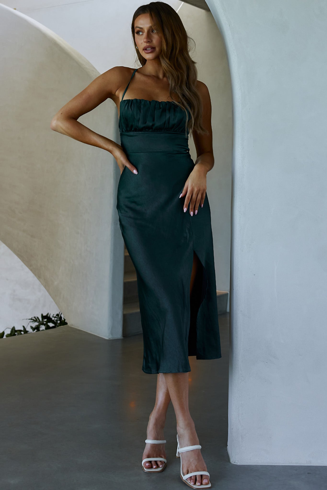 Lakoda Gathered Bust Bow Tie Back Midi Dress Forest Green-Maymioy