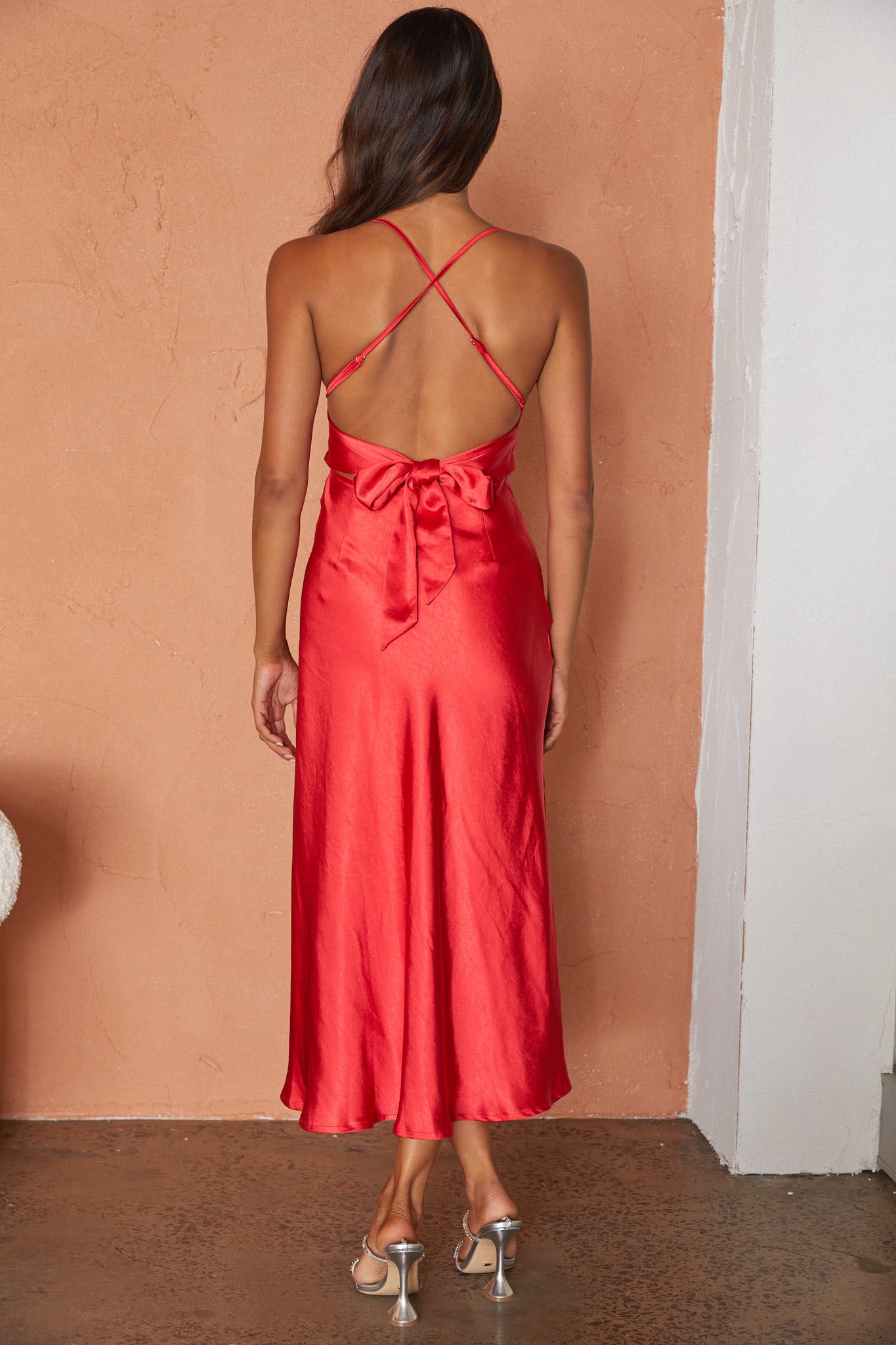 Lakoda Gathered Bust Bow Tie Back Midi Dress Red-Maymioy