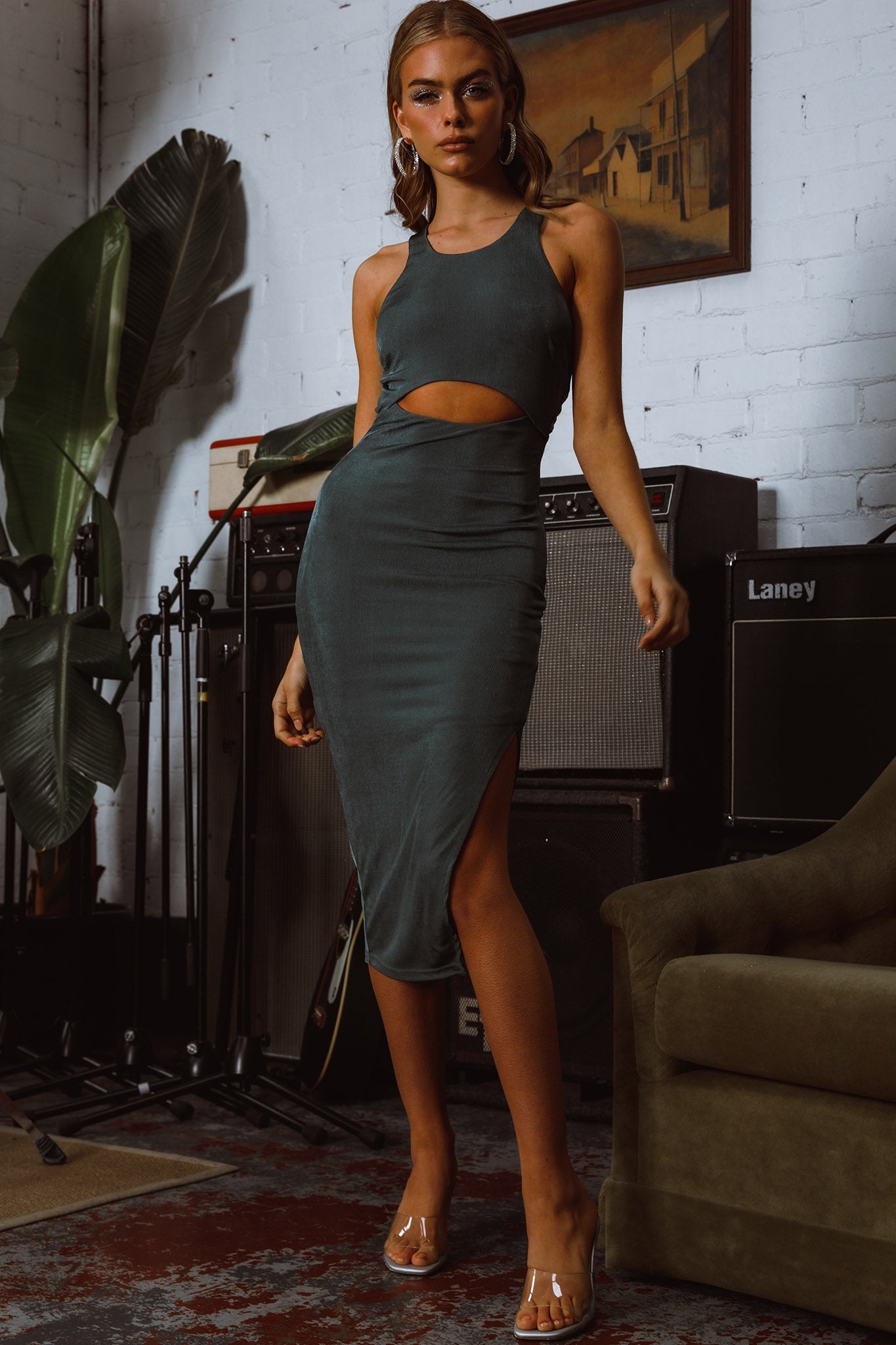 Dominique Cut-Out Twist Midi Dress Olive-Maymioy