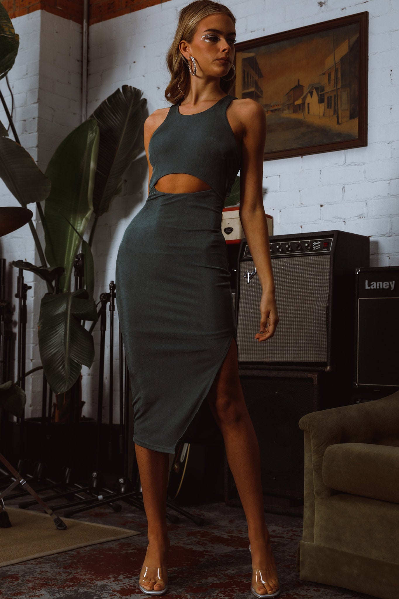 Dominique Cut-Out Twist Midi Dress Olive-Maymioy